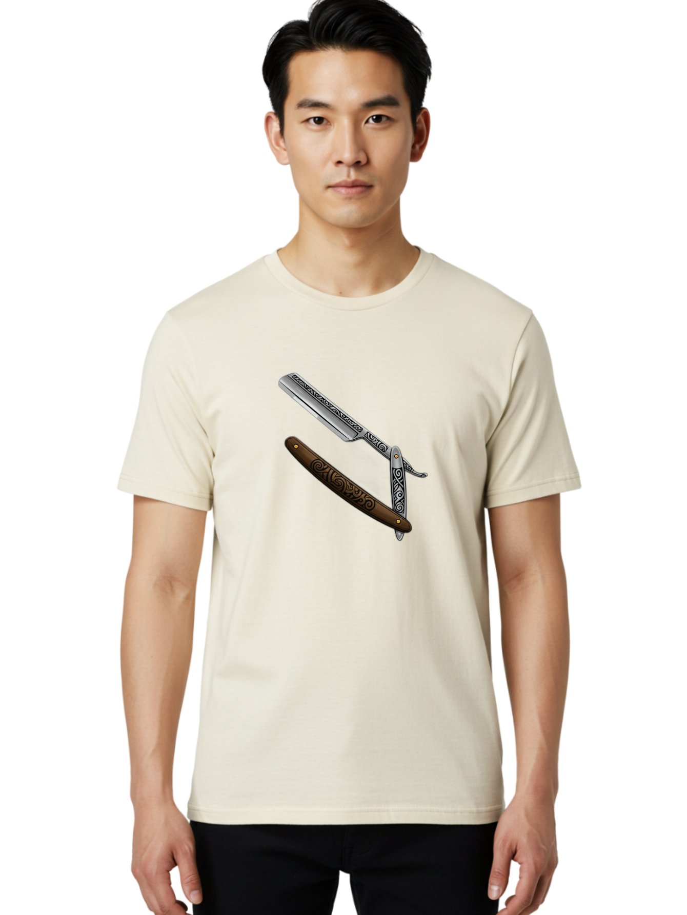 Straight-Razor Men'S Graphic Tee, 100% Cotton, Comfortable Casual Summer Wear, Machine Washable, Straight Razor, Shaving Razor, Vintage Grooming, Classic Shaving, Barber Tools, Ornate Design, Traditional Shaving, Men'S Grooming, Antique Razor Bad737