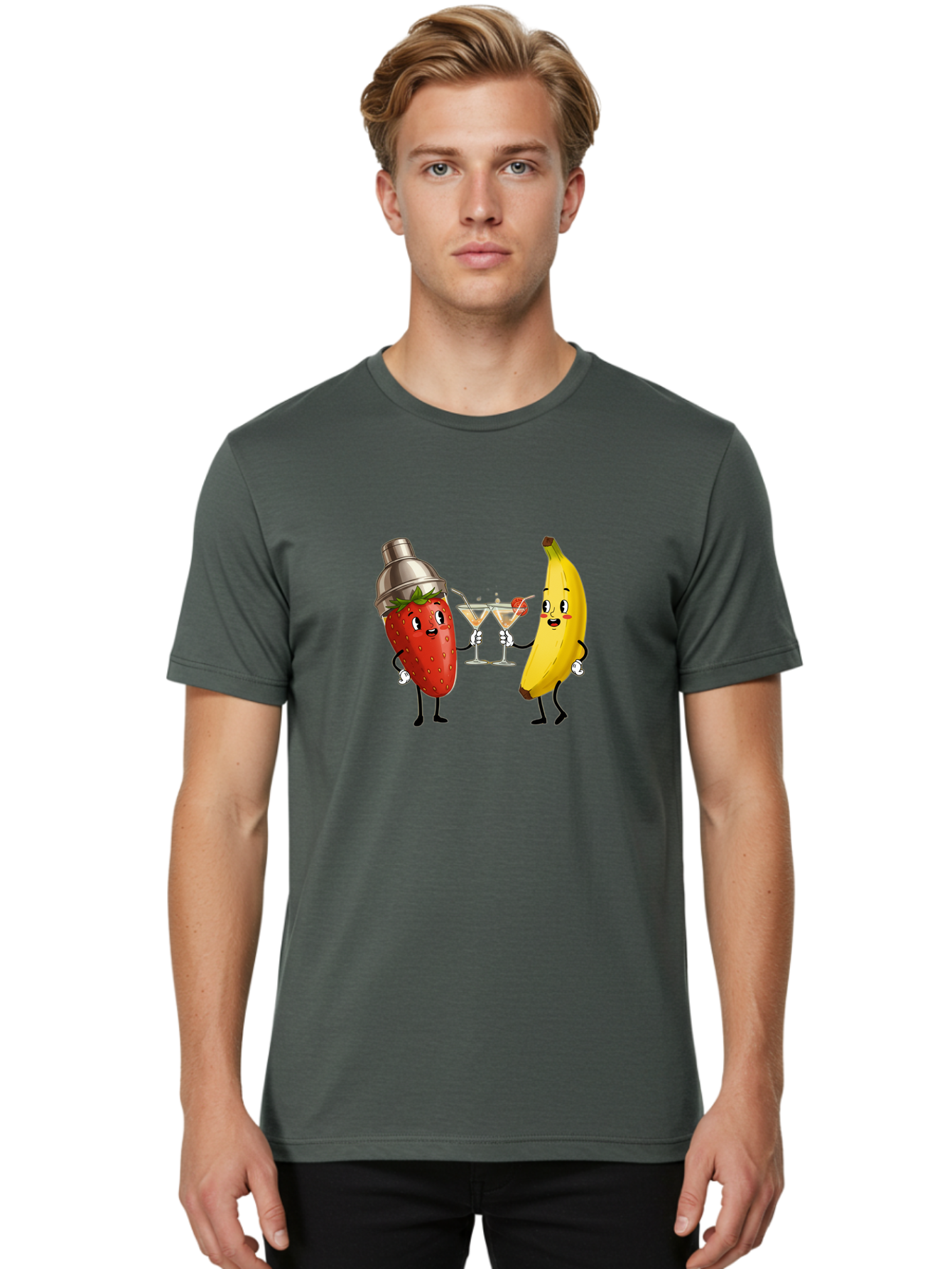Strawberry-Banana-Cocktail Men'S Graphic Tee, 100% Cotton, Comfortable Casual Summer Wear, Machine Washable, Cartoon Strawberry, Cocktail Shaker, Martini Glasses, Banana Character, Fruit Cocktail, Funny Illustration, Animated Fruit, Bad738