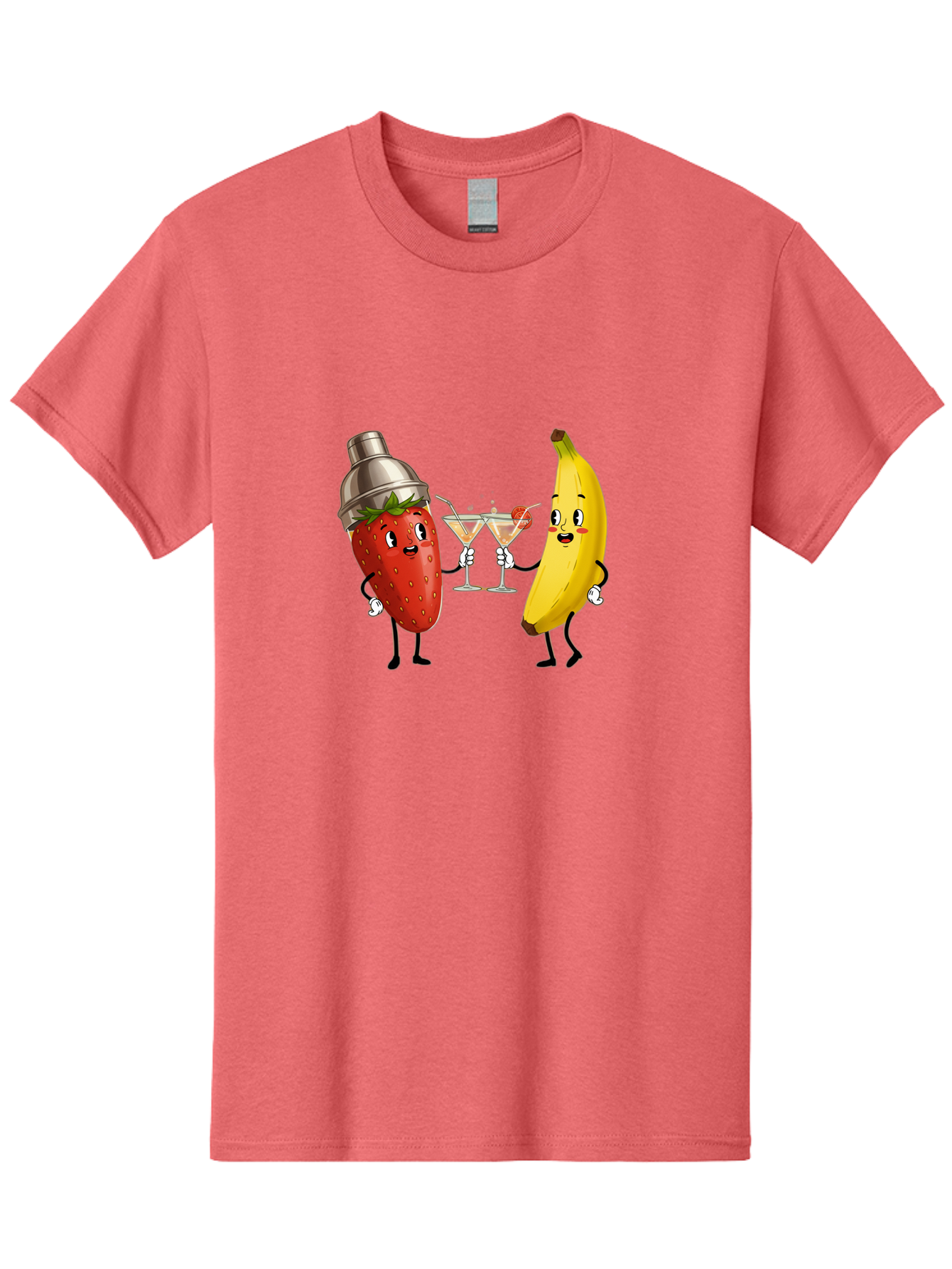 Strawberry-Banana-Cocktail Men'S Graphic Tee, 100% Cotton, Comfortable Casual Summer Wear, Machine Washable, Cartoon Strawberry, Cocktail Shaker, Martini Glasses, Banana Character, Fruit Cocktail, Funny Illustration, Animated Fruit, Bad738