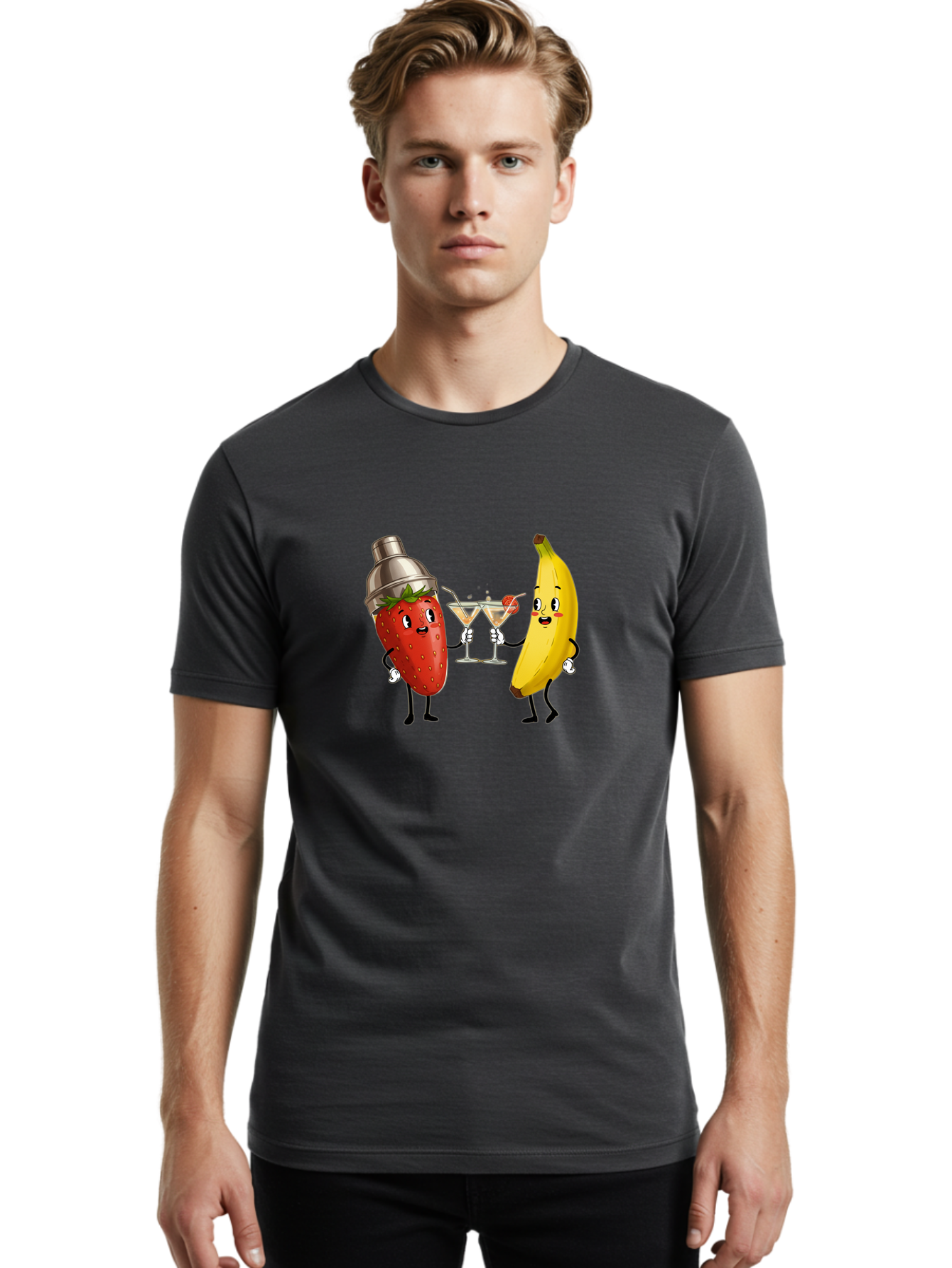 Strawberry-Banana-Cocktail Men'S Graphic Tee, 100% Cotton, Comfortable Casual Summer Wear, Machine Washable, Cartoon Strawberry, Cocktail Shaker, Martini Glasses, Banana Character, Fruit Cocktail, Funny Illustration, Animated Fruit, Bad738