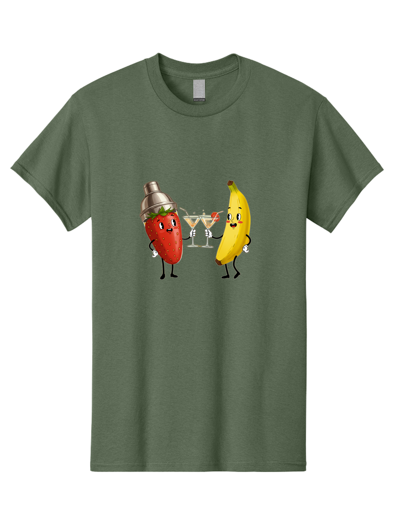 Strawberry-Banana-Cocktail Men'S Graphic Tee, 100% Cotton, Comfortable Casual Summer Wear, Machine Washable, Cartoon Strawberry, Cocktail Shaker, Martini Glasses, Banana Character, Fruit Cocktail, Funny Illustration, Animated Fruit, Bad738