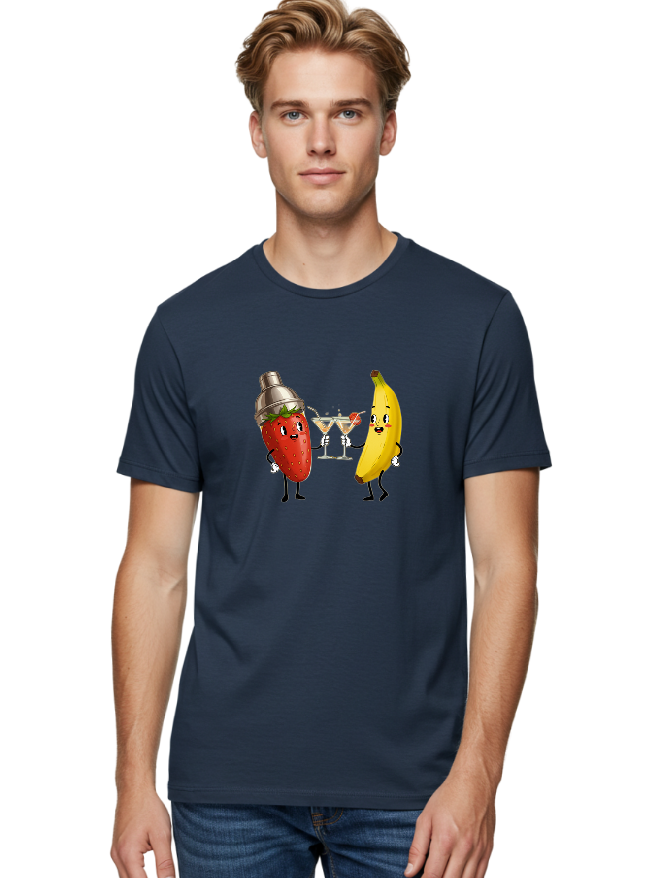 Strawberry-Banana-Cocktail Men'S Graphic Tee, 100% Cotton, Comfortable Casual Summer Wear, Machine Washable, Cartoon Strawberry, Cocktail Shaker, Martini Glasses, Banana Character, Fruit Cocktail, Funny Illustration, Animated Fruit, Bad738