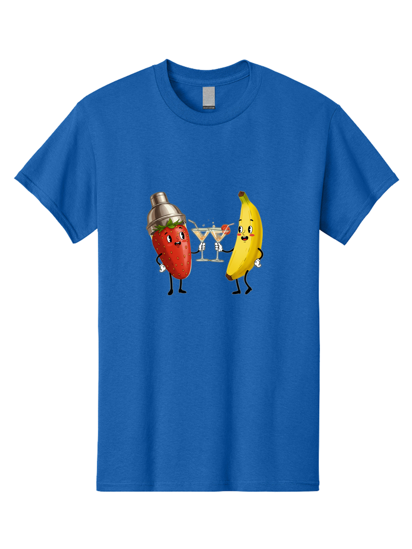 Strawberry-Banana-Cocktail Men'S Graphic Tee, 100% Cotton, Comfortable Casual Summer Wear, Machine Washable, Cartoon Strawberry, Cocktail Shaker, Martini Glasses, Banana Character, Fruit Cocktail, Funny Illustration, Animated Fruit, Bad738