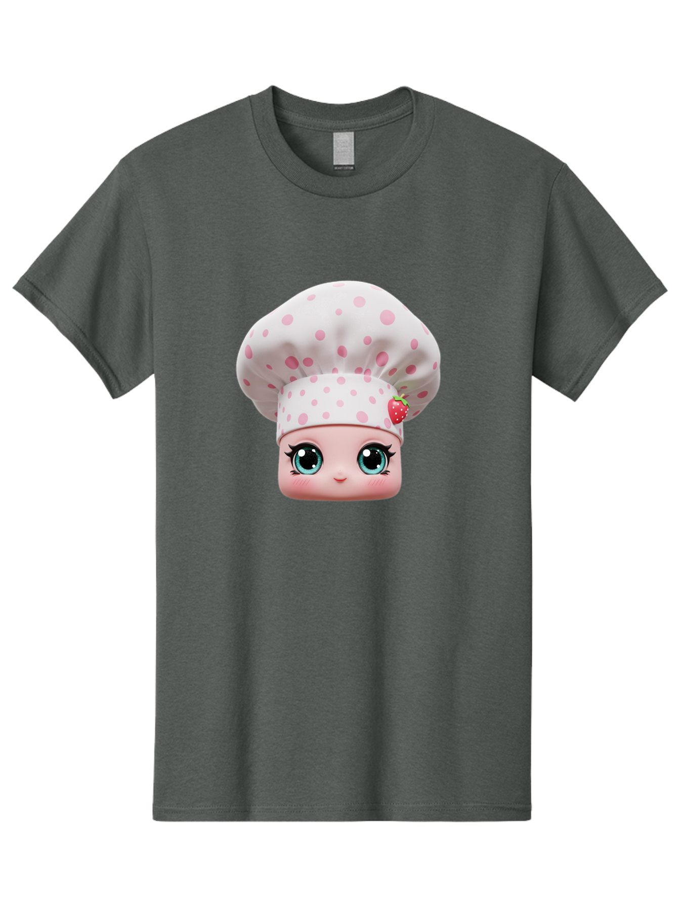 Strawberry-Chef-Head Men'S Graphic Tee, 100% Cotton, Comfortable Casual Summer Wear, Machine Washable, Cartoon Character, Chef Hat, Strawberry Decoration, Pink Polka Dots, Blue Eyes, Pastel Colors, Cute Face, Baking Theme, Sweet Treats, Bad739