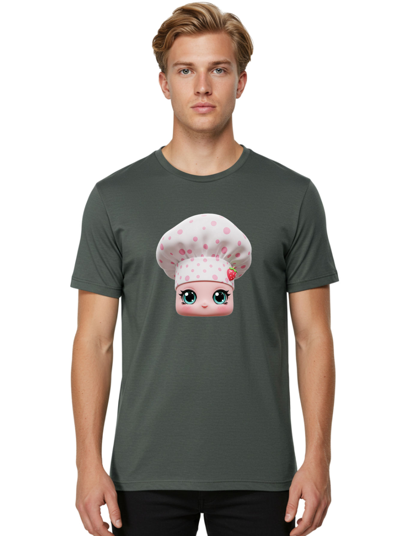 Strawberry-Chef-Head Men'S Graphic Tee, 100% Cotton, Comfortable Casual Summer Wear, Machine Washable, Cartoon Character, Chef Hat, Strawberry Decoration, Pink Polka Dots, Blue Eyes, Pastel Colors, Cute Face, Baking Theme, Sweet Treats, Bad739