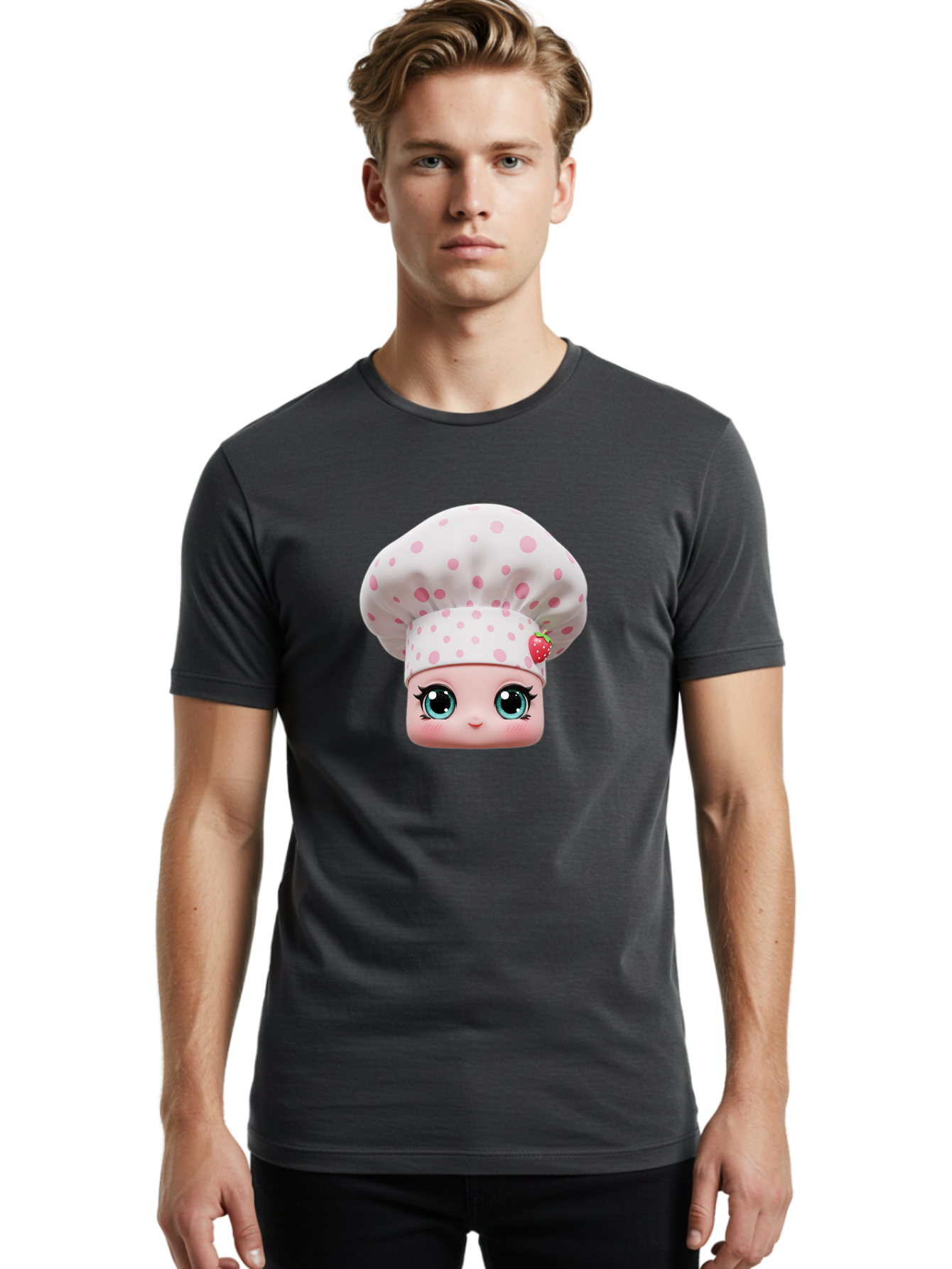 Strawberry-Chef-Head Men'S Graphic Tee, 100% Cotton, Comfortable Casual Summer Wear, Machine Washable, Cartoon Character, Chef Hat, Strawberry Decoration, Pink Polka Dots, Blue Eyes, Pastel Colors, Cute Face, Baking Theme, Sweet Treats, Bad739