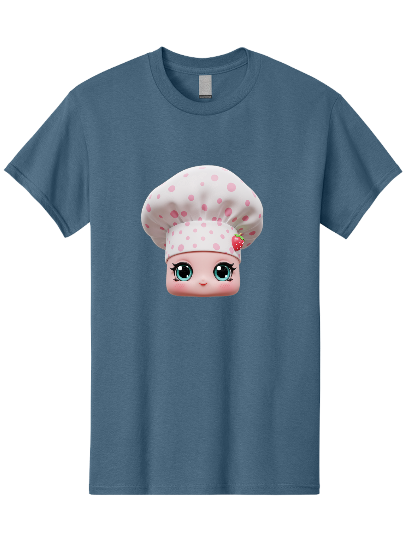 Strawberry-Chef-Head Men'S Graphic Tee, 100% Cotton, Comfortable Casual Summer Wear, Machine Washable, Cartoon Character, Chef Hat, Strawberry Decoration, Pink Polka Dots, Blue Eyes, Pastel Colors, Cute Face, Baking Theme, Sweet Treats, Bad739