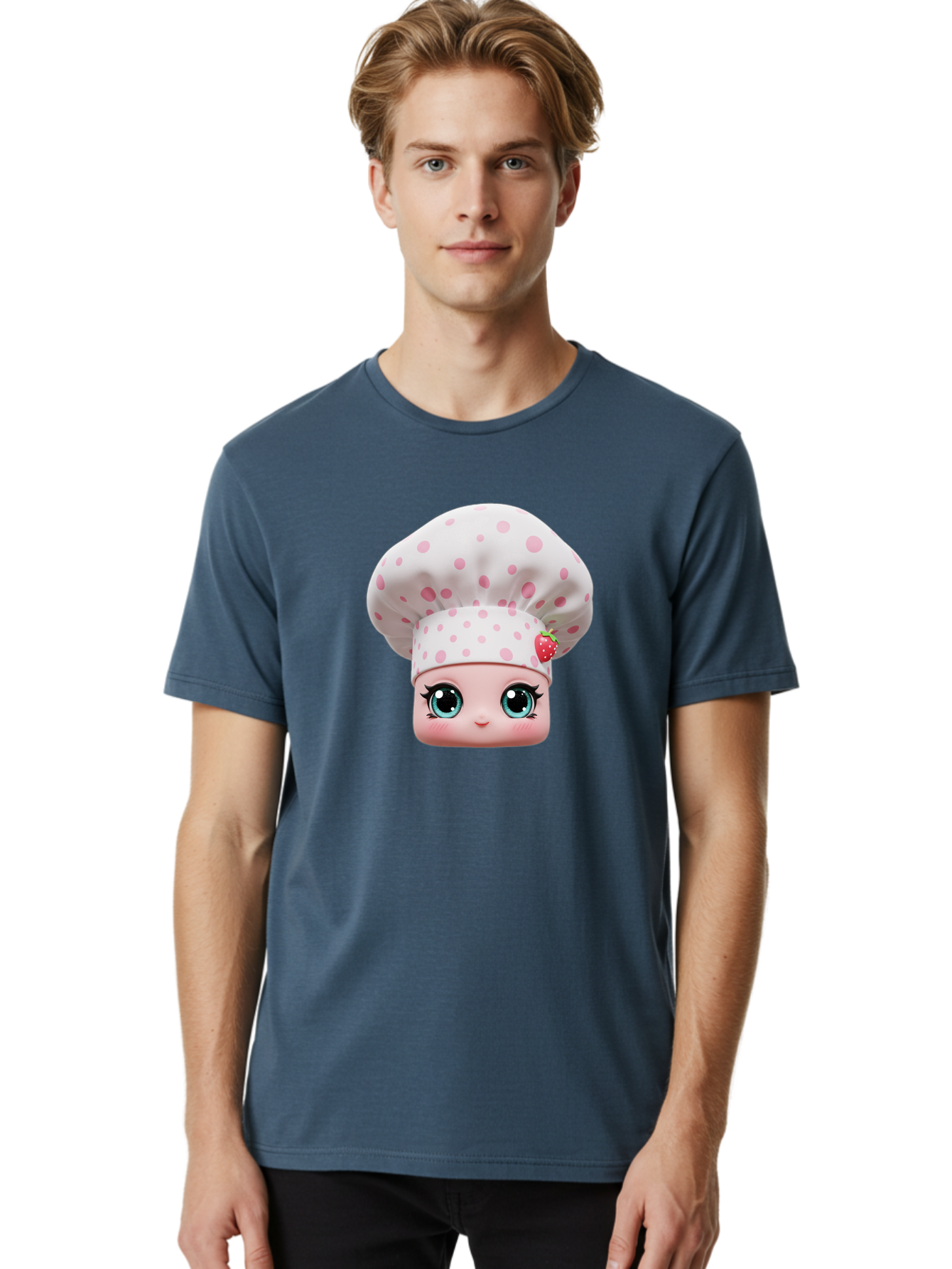 Strawberry-Chef-Head Men'S Graphic Tee, 100% Cotton, Comfortable Casual Summer Wear, Machine Washable, Cartoon Character, Chef Hat, Strawberry Decoration, Pink Polka Dots, Blue Eyes, Pastel Colors, Cute Face, Baking Theme, Sweet Treats, Bad739