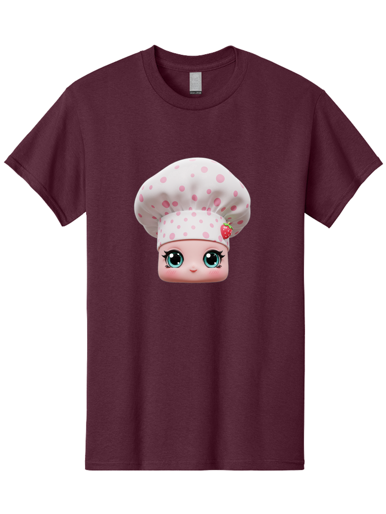 Strawberry-Chef-Head Men'S Graphic Tee, 100% Cotton, Comfortable Casual Summer Wear, Machine Washable, Cartoon Character, Chef Hat, Strawberry Decoration, Pink Polka Dots, Blue Eyes, Pastel Colors, Cute Face, Baking Theme, Sweet Treats, Bad739