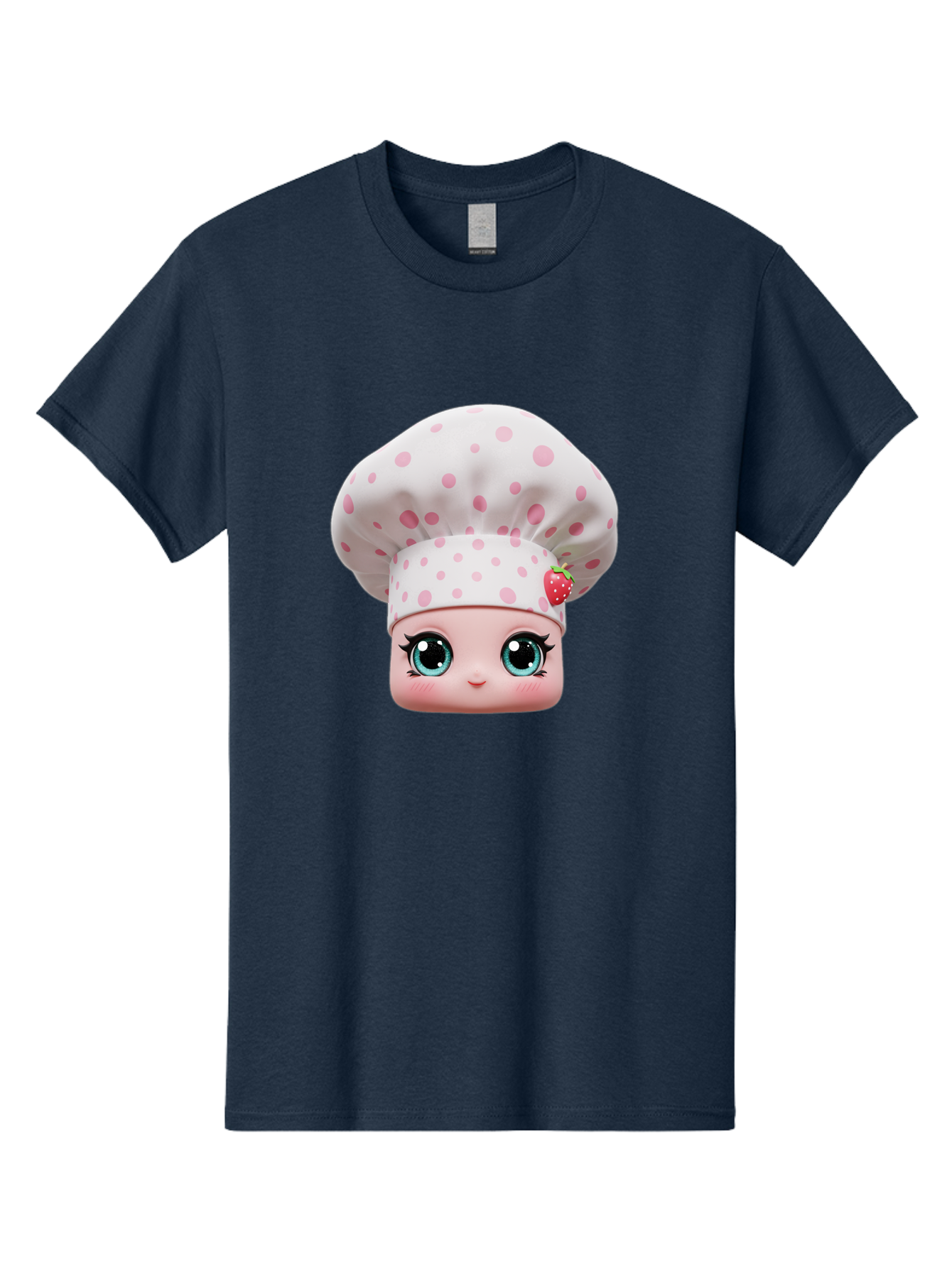 Strawberry-Chef-Head Men'S Graphic Tee, 100% Cotton, Comfortable Casual Summer Wear, Machine Washable, Cartoon Character, Chef Hat, Strawberry Decoration, Pink Polka Dots, Blue Eyes, Pastel Colors, Cute Face, Baking Theme, Sweet Treats, Bad739