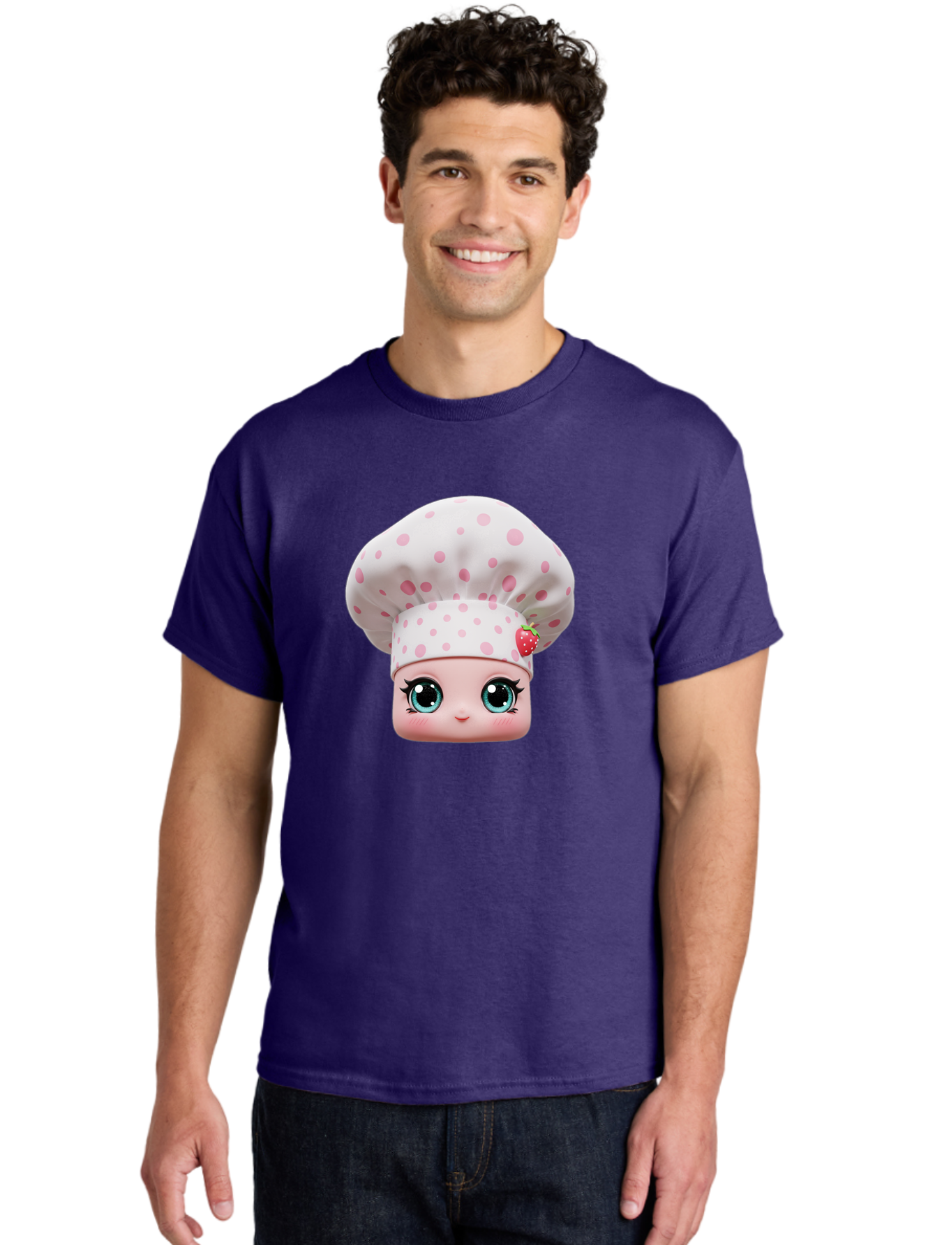 Strawberry-Chef-Head Men'S Graphic Tee, 100% Cotton, Comfortable Casual Summer Wear, Machine Washable, Cartoon Character, Chef Hat, Strawberry Decoration, Pink Polka Dots, Blue Eyes, Pastel Colors, Cute Face, Baking Theme, Sweet Treats, Bad739