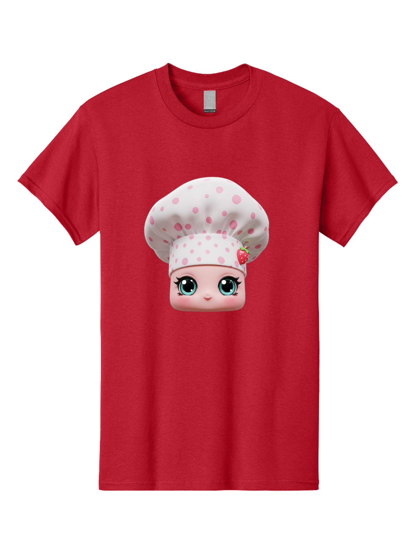 Strawberry-Chef-Head Men'S Graphic Tee, 100% Cotton, Comfortable Casual Summer Wear, Machine Washable, Cartoon Character, Chef Hat, Strawberry Decoration, Pink Polka Dots, Blue Eyes, Pastel Colors, Cute Face, Baking Theme, Sweet Treats, Bad739
