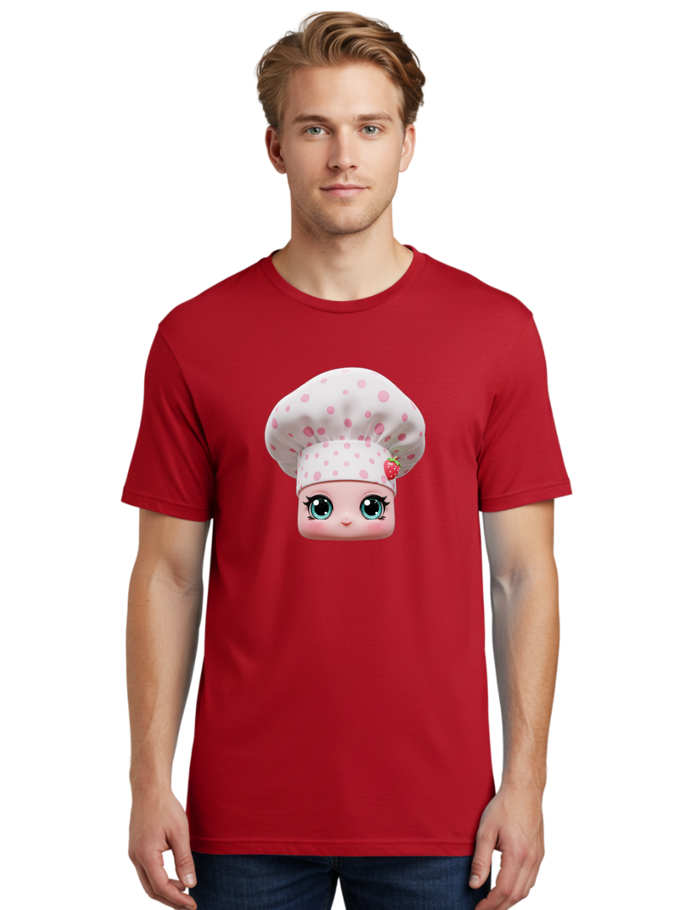 Strawberry-Chef-Head Men'S Graphic Tee, 100% Cotton, Comfortable Casual Summer Wear, Machine Washable, Cartoon Character, Chef Hat, Strawberry Decoration, Pink Polka Dots, Blue Eyes, Pastel Colors, Cute Face, Baking Theme, Sweet Treats, Bad739