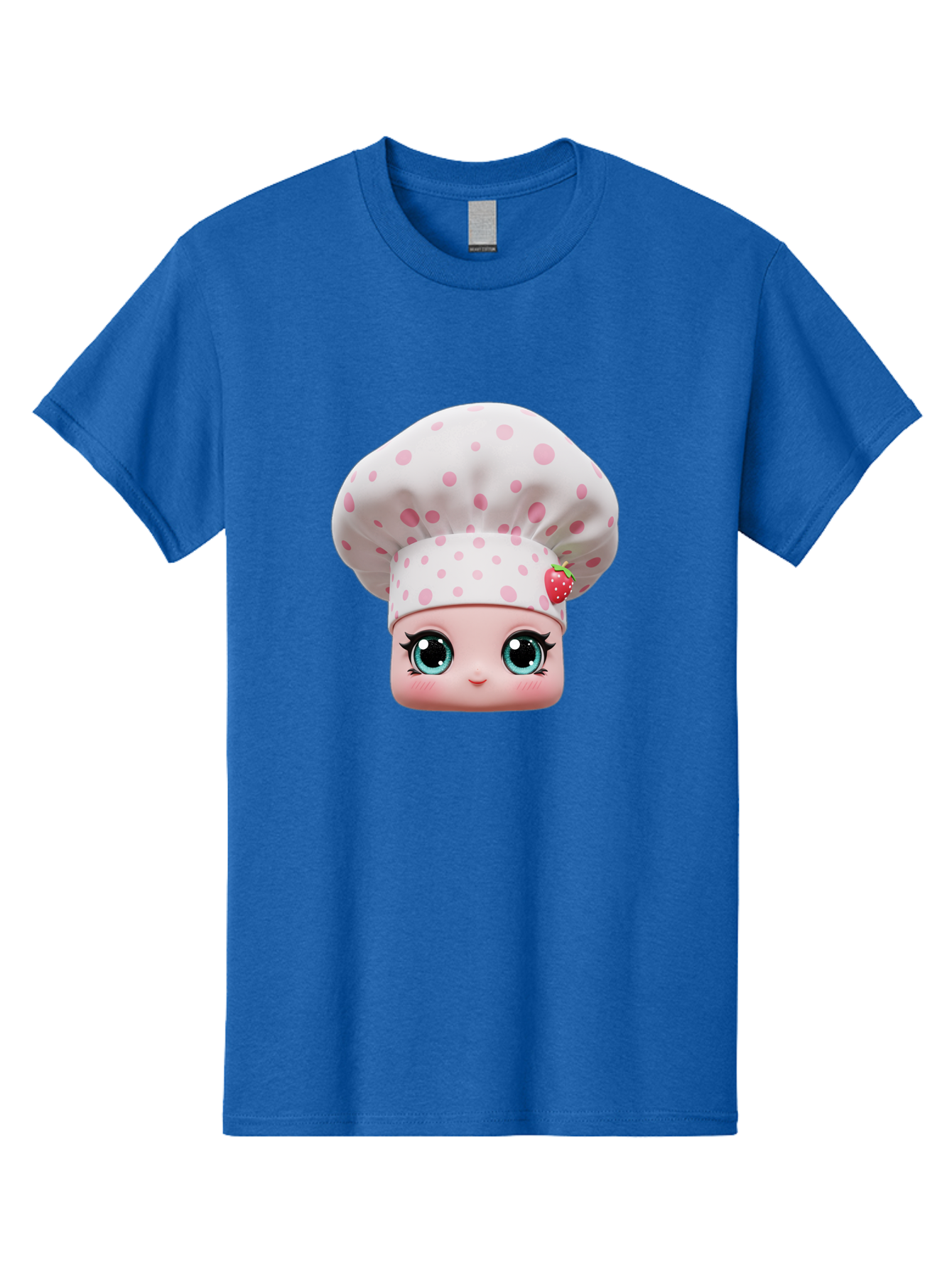 Strawberry-Chef-Head Men'S Graphic Tee, 100% Cotton, Comfortable Casual Summer Wear, Machine Washable, Cartoon Character, Chef Hat, Strawberry Decoration, Pink Polka Dots, Blue Eyes, Pastel Colors, Cute Face, Baking Theme, Sweet Treats, Bad739