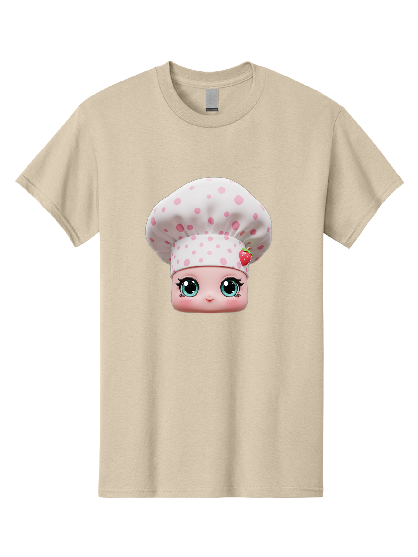 Strawberry-Chef-Head Men'S Graphic Tee, 100% Cotton, Comfortable Casual Summer Wear, Machine Washable, Cartoon Character, Chef Hat, Strawberry Decoration, Pink Polka Dots, Blue Eyes, Pastel Colors, Cute Face, Baking Theme, Sweet Treats, Bad739