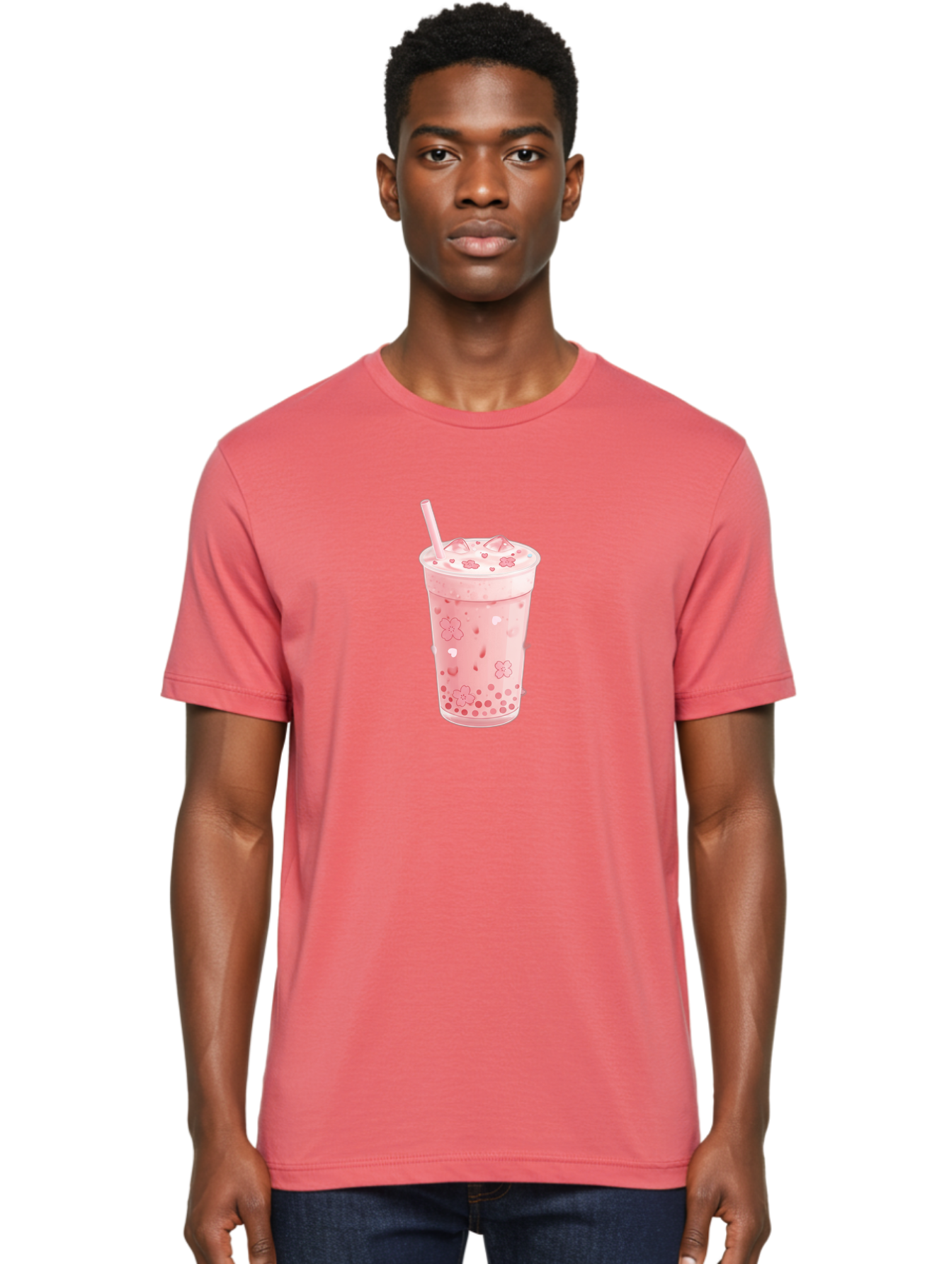 Strawberry-Milk-Tea Men'S Graphic Tee, 100% Cotton, Comfortable Casual Summer Wear, Machine Washable, Pink Milk Tea, Bubble Tea, Boba Drink, Iced Tea, Floral Design, Straw, Creamy Texture, Sweet Treat, Refreshing Beverage, Summer Drink Bad740