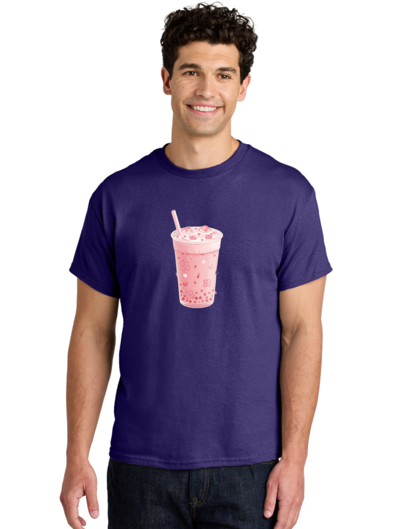 Strawberry-Milk-Tea Men'S Graphic Tee, 100% Cotton, Comfortable Casual Summer Wear, Machine Washable, Pink Milk Tea, Bubble Tea, Boba Drink, Iced Tea, Floral Design, Straw, Creamy Texture, Sweet Treat, Refreshing Beverage, Summer Drink Bad740