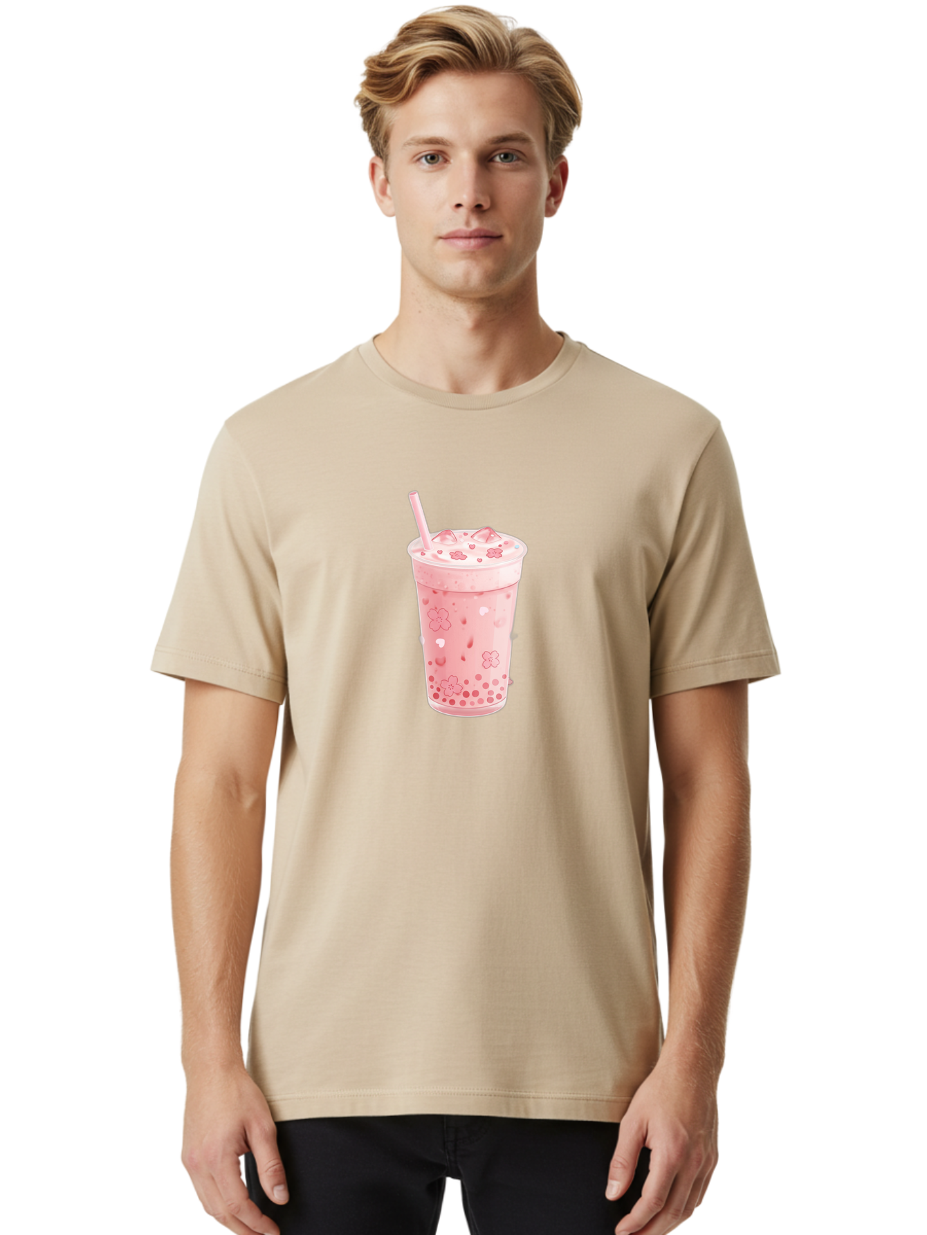 Strawberry-Milk-Tea Men'S Graphic Tee, 100% Cotton, Comfortable Casual Summer Wear, Machine Washable, Pink Milk Tea, Bubble Tea, Boba Drink, Iced Tea, Floral Design, Straw, Creamy Texture, Sweet Treat, Refreshing Beverage, Summer Drink Bad740