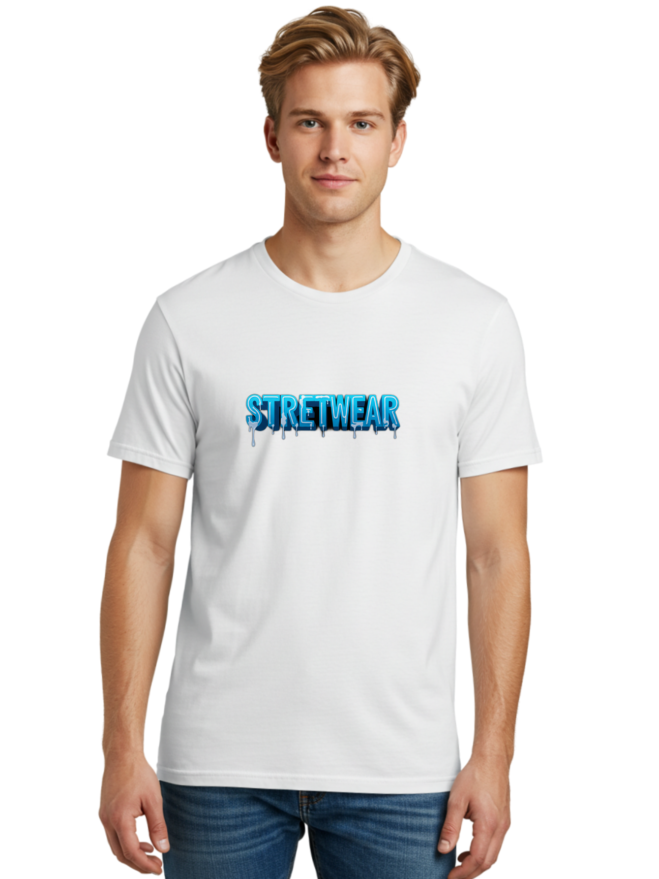 Stretwear-1 Men'S Graphic Tee, 100% Cotton, Comfortable Casual Summer Wear, Machine Washable, Streetwear Fashion, Urban Style, Graffiti Art, Dripping Effect, 3D Text, Blue Font, Street Culture, Clothing Brand, Edgy Design Bad747