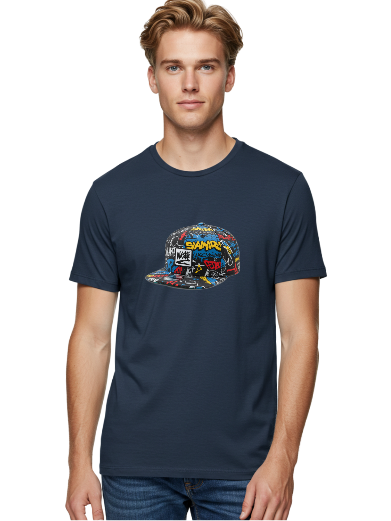 Stussy-Graffiti-Baseball-Cap Men'S Graphic Tee, 100% Cotton, Comfortable Casual Summer Wear, Machine Washable, Graffiti Cap, Streetwear Fashion, Urban Style, Bold Designs, Vibrant Colors, Stüssy Branding, Casual Wear, Skateboarding Culture, Bad757