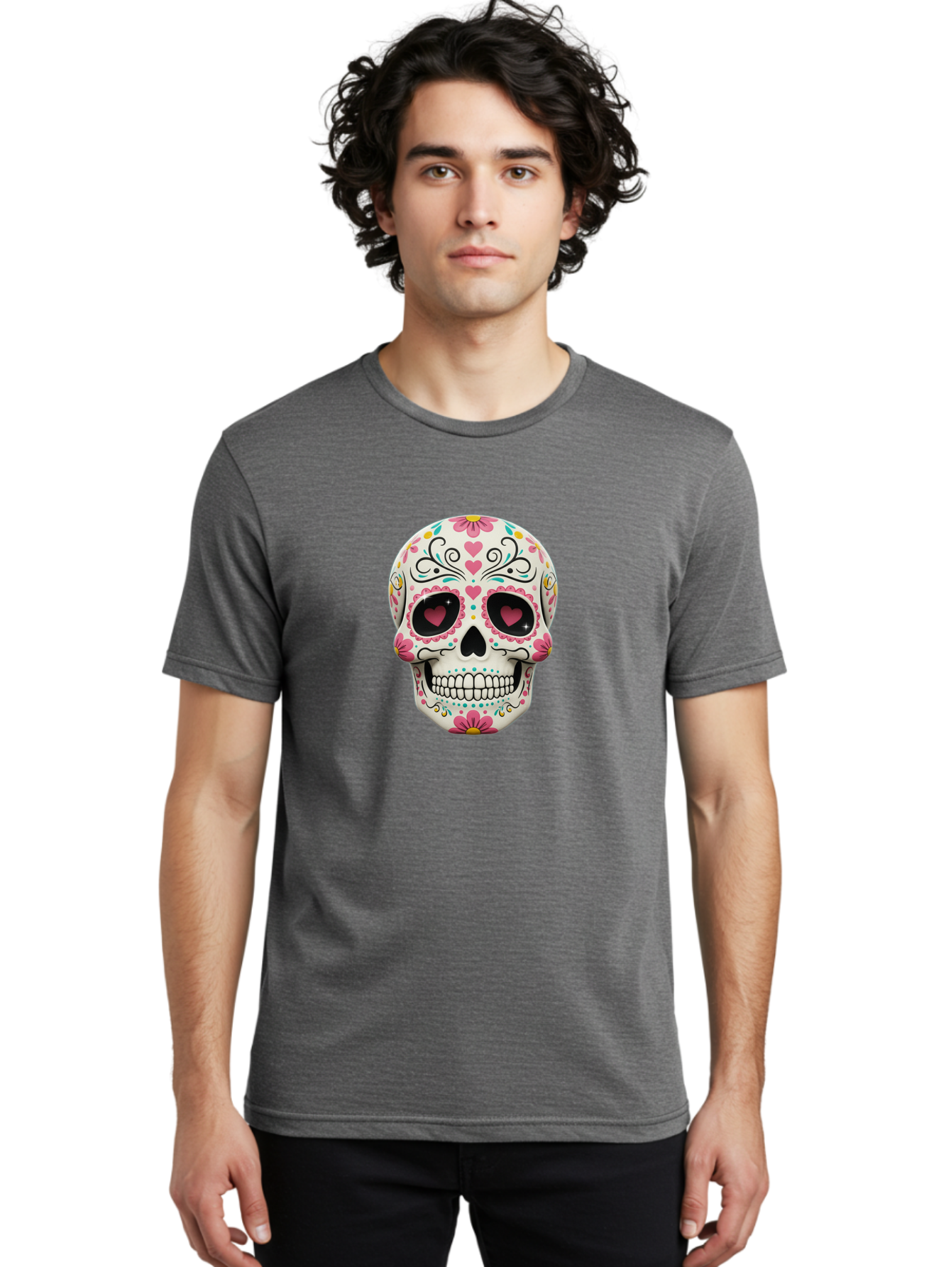 Sugar-Skull-1 Men'S Graphic Tee, 100% Cotton, Comfortable Casual Summer Wear, Machine Washable, Sugar Skull, Day Of The Dead, Floral Designs, Heart-Shaped Eyes, Vibrant Colors, Festive Decoration, Mexican Culture, Intricate Patterns, Skull Art Bad758