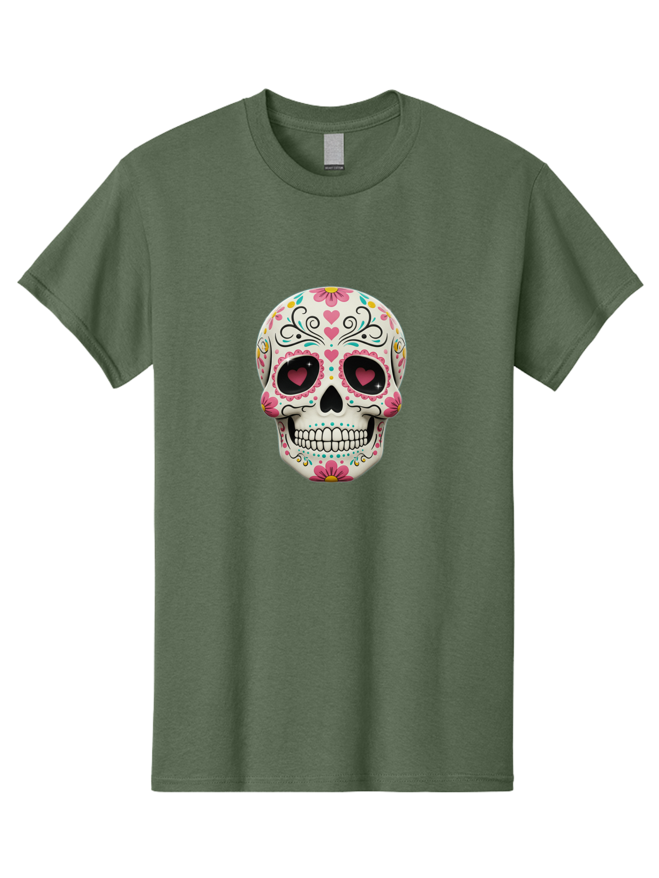 Sugar-Skull-1 Men'S Graphic Tee, 100% Cotton, Comfortable Casual Summer Wear, Machine Washable, Sugar Skull, Day Of The Dead, Floral Designs, Heart-Shaped Eyes, Vibrant Colors, Festive Decoration, Mexican Culture, Intricate Patterns, Skull Art Bad758