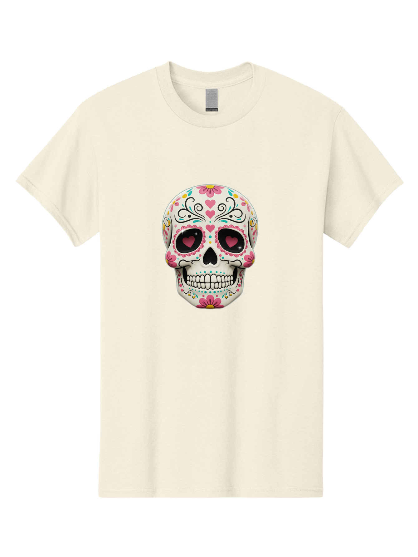 Sugar-Skull-1 Men'S Graphic Tee, 100% Cotton, Comfortable Casual Summer Wear, Machine Washable, Sugar Skull, Day Of The Dead, Floral Designs, Heart-Shaped Eyes, Vibrant Colors, Festive Decoration, Mexican Culture, Intricate Patterns, Skull Art Bad758