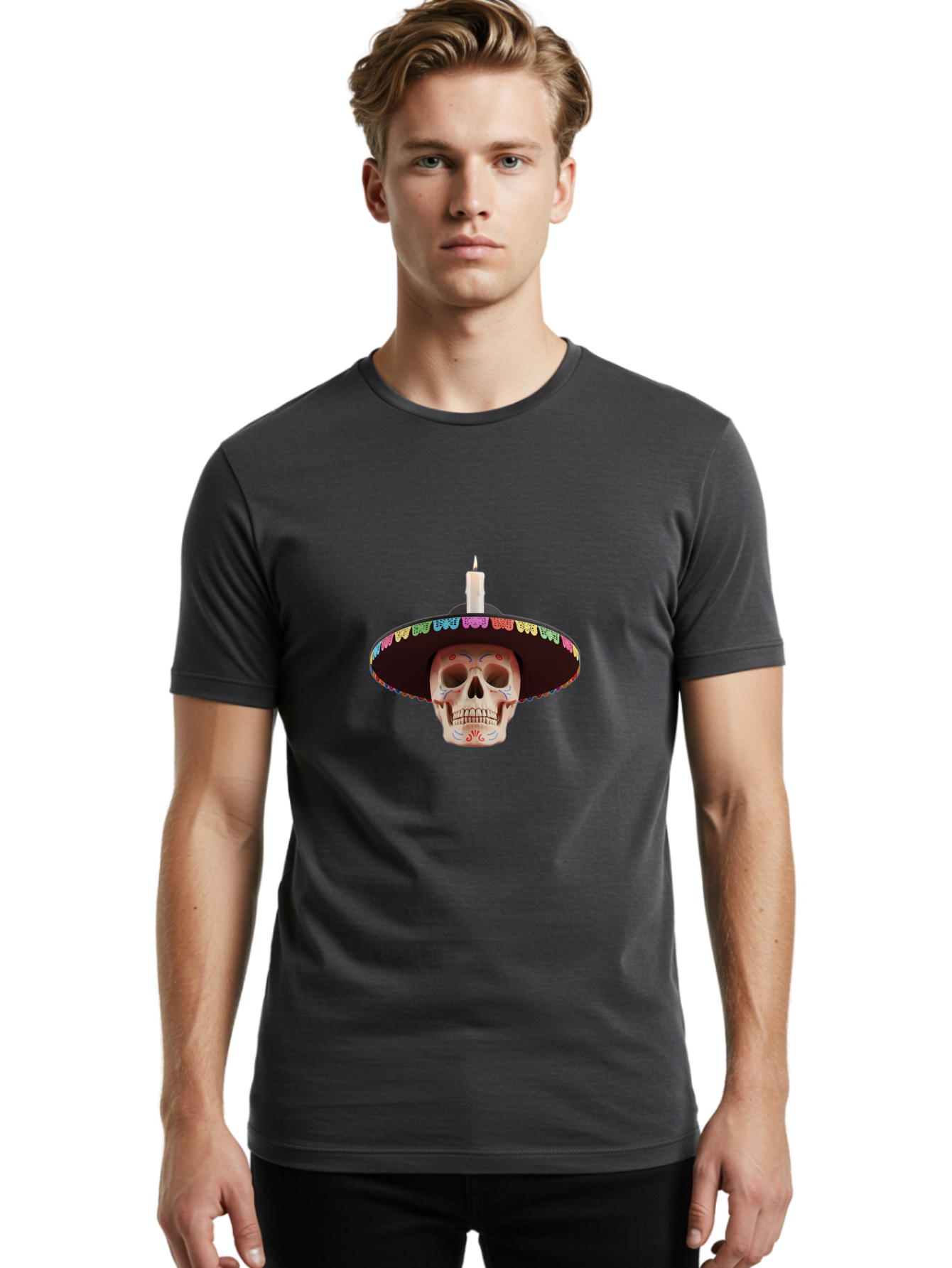 Sugar-Skull-10 Men'S Graphic Tee, 100% Cotton, Comfortable Casual Summer Wear, Machine Washable, Sugar Skull With Sombrero, Dia De Los Muertos, Colorful Decorations, Traditional Mexican Art, Vibrant Culture, Festive Spirit, Unique Design, Bad759