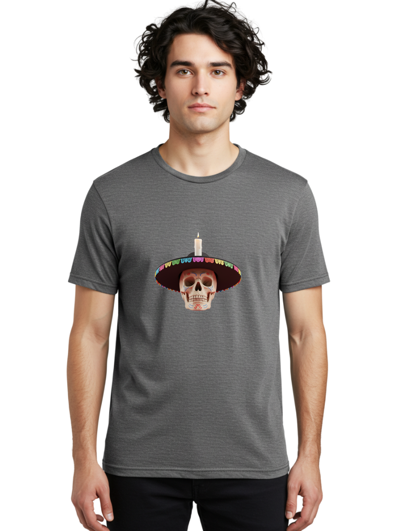 Sugar-Skull-10 Men'S Graphic Tee, 100% Cotton, Comfortable Casual Summer Wear, Machine Washable, Sugar Skull With Sombrero, Dia De Los Muertos, Colorful Decorations, Traditional Mexican Art, Vibrant Culture, Festive Spirit, Unique Design, Bad759