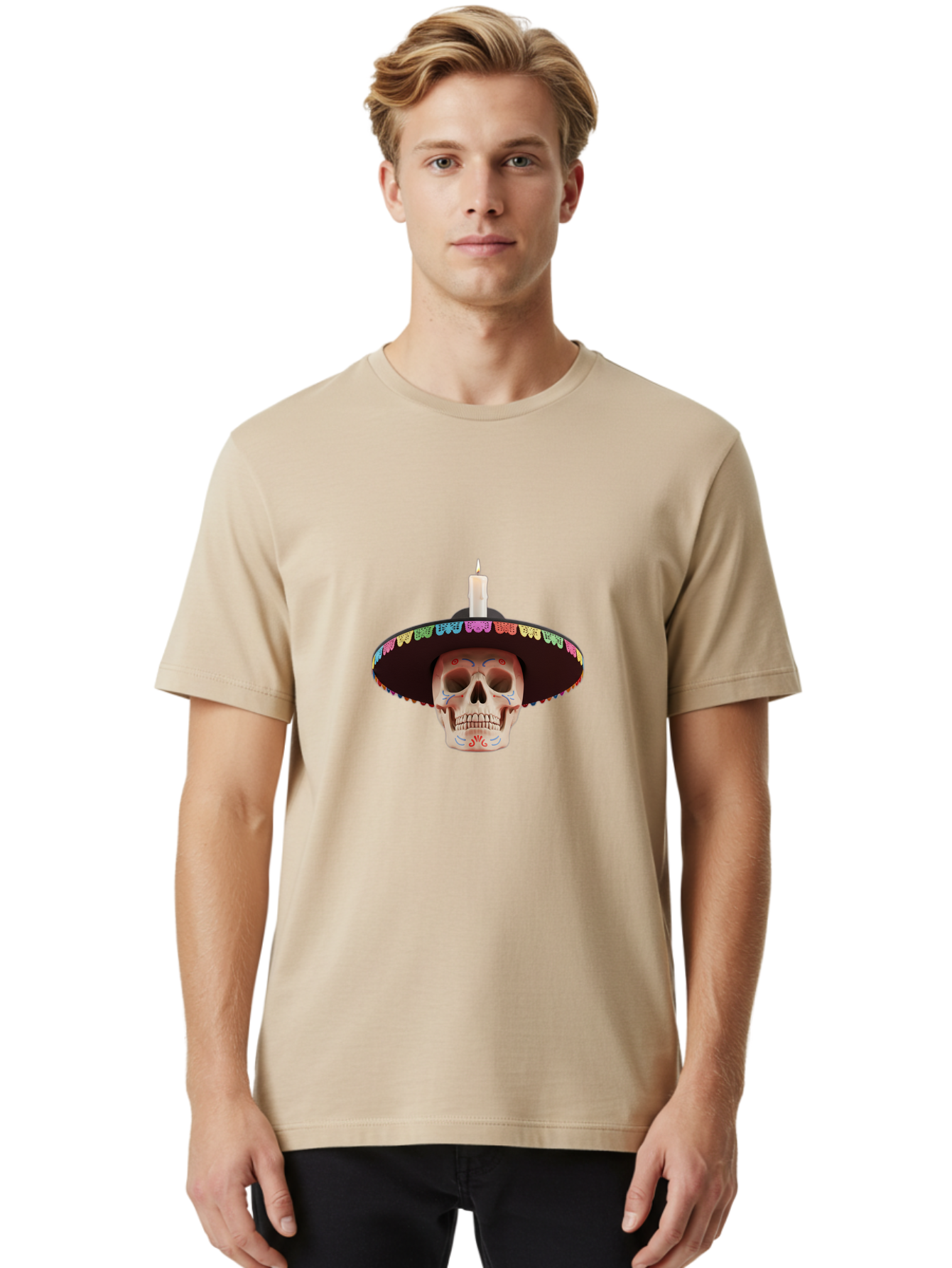 Sugar-Skull-10 Men'S Graphic Tee, 100% Cotton, Comfortable Casual Summer Wear, Machine Washable, Sugar Skull With Sombrero, Dia De Los Muertos, Colorful Decorations, Traditional Mexican Art, Vibrant Culture, Festive Spirit, Unique Design, Bad759