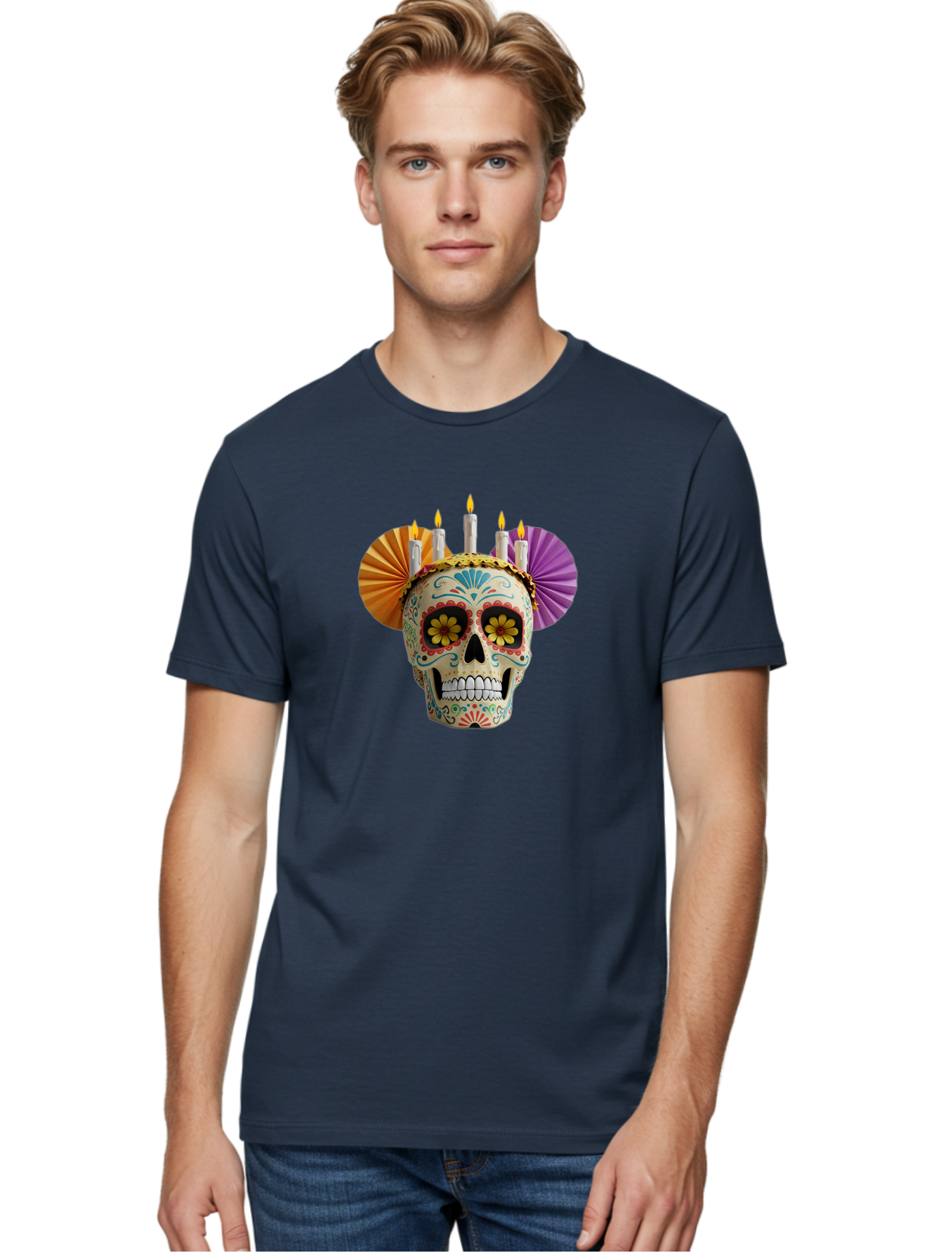 Sugar-Skull-11 Men'S Graphic Tee, 100% Cotton, Comfortable Casual Summer Wear, Machine Washable, Sugar Skull, Day Of The Dead, Vibrant Colors, Festive Decorations, Candles Lit, Flowers In Eyes, Traditional Mexican Art, Cultural Celebration, Bad760