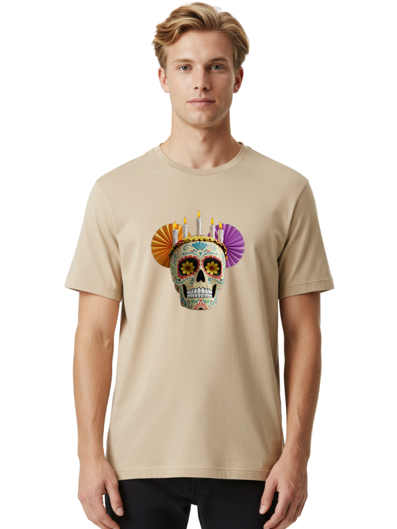 Sugar-Skull-11 Men'S Graphic Tee, 100% Cotton, Comfortable Casual Summer Wear, Machine Washable, Sugar Skull, Day Of The Dead, Vibrant Colors, Festive Decorations, Candles Lit, Flowers In Eyes, Traditional Mexican Art, Cultural Celebration, Bad760