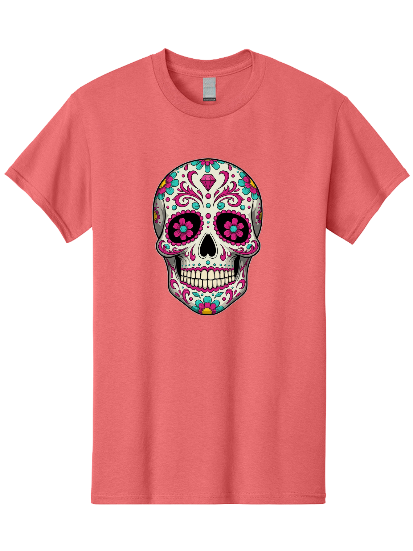 Sugar-Skull-13 Men'S Graphic Tee, 100% Cotton, Comfortable Casual Summer Wear, Machine Washable, Sugar Skull, Day Of The Dead, Colorful Skull, Floral Patterns, Vibrant Designs, Pink And Blue Flowers, Decorative Skull, Mexican Culture, Bad762