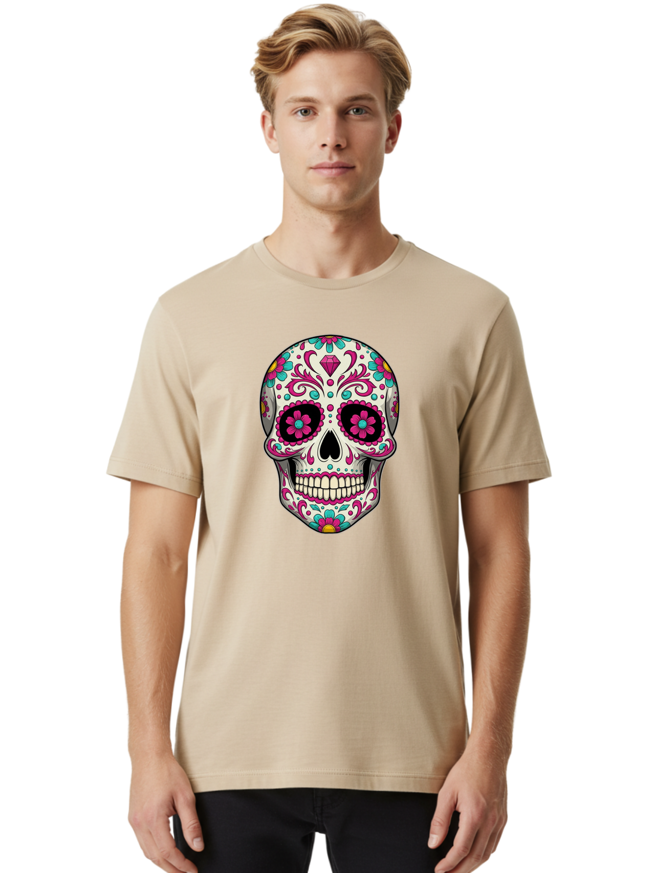 Sugar-Skull-13 Men'S Graphic Tee, 100% Cotton, Comfortable Casual Summer Wear, Machine Washable, Sugar Skull, Day Of The Dead, Colorful Skull, Floral Patterns, Vibrant Designs, Pink And Blue Flowers, Decorative Skull, Mexican Culture, Bad762