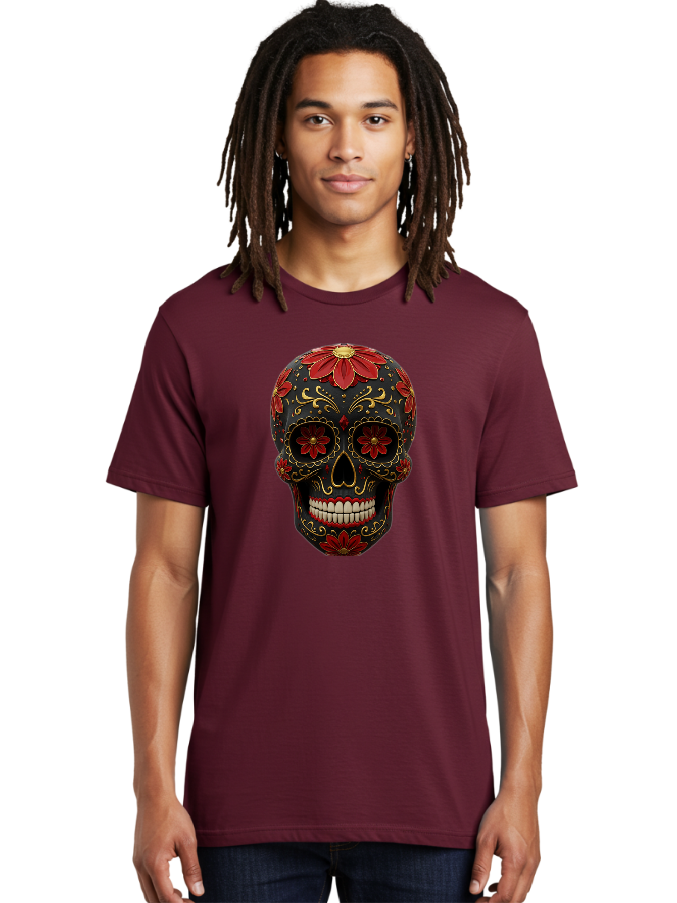 Sugar-Skull-14 Men'S Graphic Tee, 100% Cotton, Comfortable Casual Summer Wear, Machine Washable, Sugar Skull, Day Of The Dead, Floral Designs, Skull Art, Mexican Culture, Gold Filigree, Red Flowers, Black Skull, Decorative Skull, Bad763