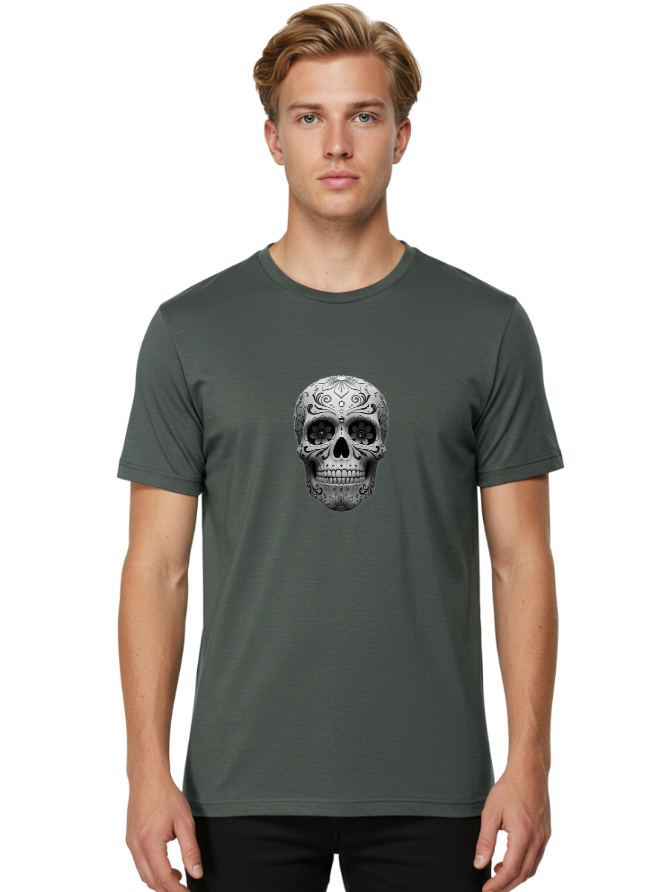 Sugar-Skull-15 Men'S Graphic Tee, 100% Cotton, Comfortable Casual Summer Wear, Machine Washable, Detailed Skull, Floral Patterns, Black And White Design, Sugar Skull Art, Day Of Dead, Mexican Culture, Intricate Designs, Gothic Style, Bad764