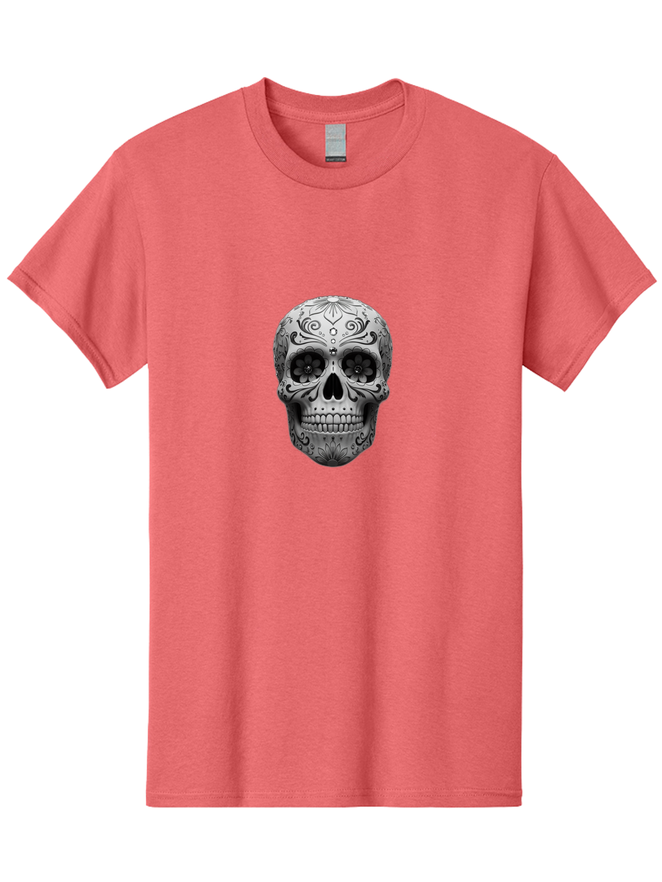 Sugar-Skull-15 Men'S Graphic Tee, 100% Cotton, Comfortable Casual Summer Wear, Machine Washable, Detailed Skull, Floral Patterns, Black And White Design, Sugar Skull Art, Day Of Dead, Mexican Culture, Intricate Designs, Gothic Style, Bad764