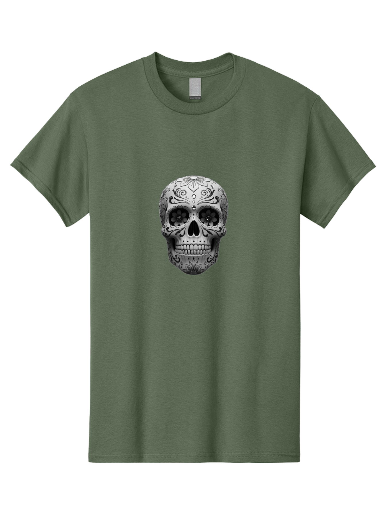Sugar-Skull-15 Men'S Graphic Tee, 100% Cotton, Comfortable Casual Summer Wear, Machine Washable, Detailed Skull, Floral Patterns, Black And White Design, Sugar Skull Art, Day Of Dead, Mexican Culture, Intricate Designs, Gothic Style, Bad764