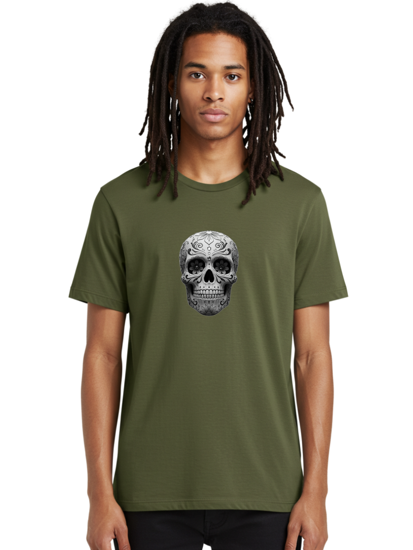 Sugar-Skull-15 Men'S Graphic Tee, 100% Cotton, Comfortable Casual Summer Wear, Machine Washable, Detailed Skull, Floral Patterns, Black And White Design, Sugar Skull Art, Day Of Dead, Mexican Culture, Intricate Designs, Gothic Style, Bad764