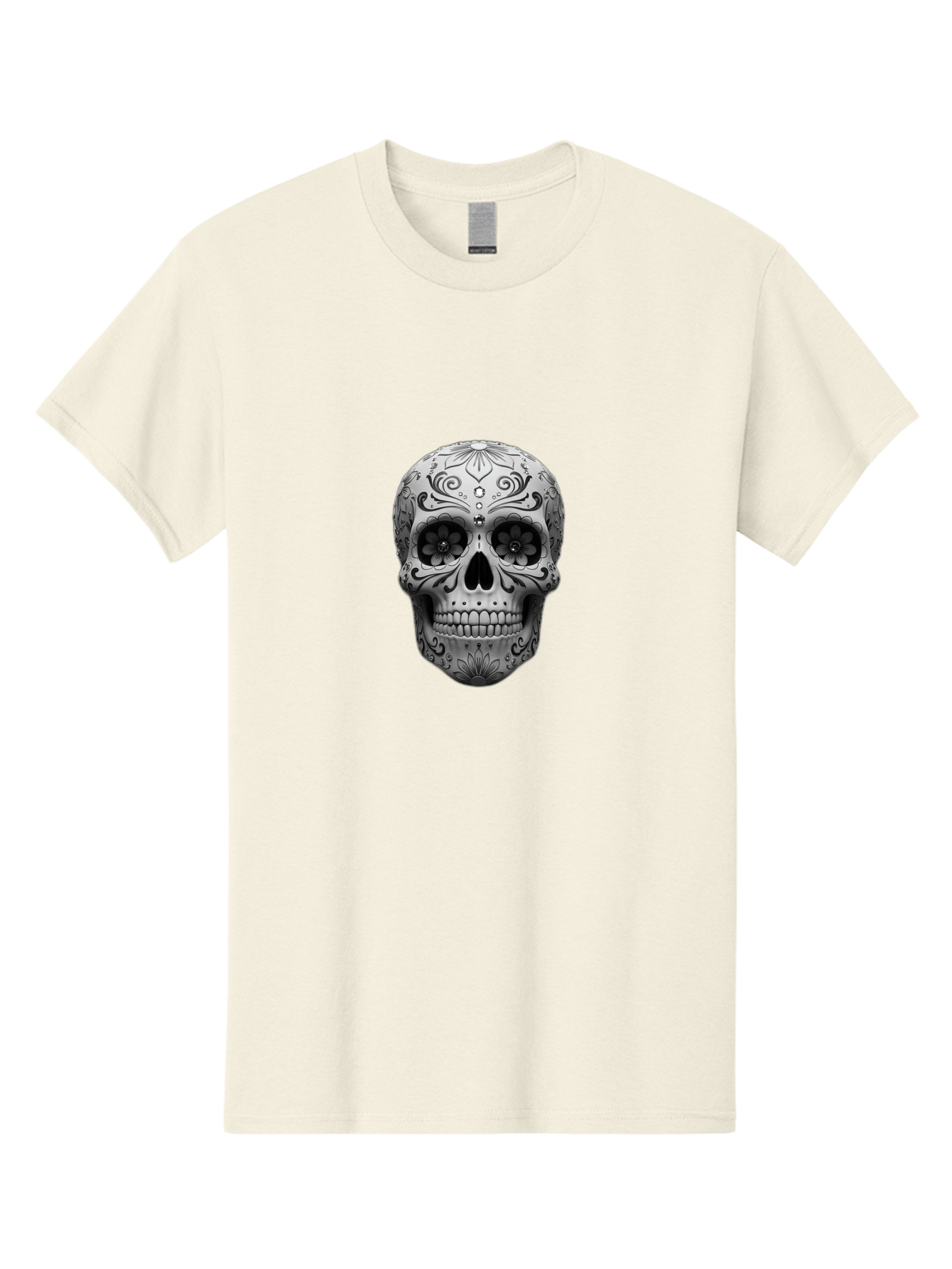 Sugar-Skull-15 Men'S Graphic Tee, 100% Cotton, Comfortable Casual Summer Wear, Machine Washable, Detailed Skull, Floral Patterns, Black And White Design, Sugar Skull Art, Day Of Dead, Mexican Culture, Intricate Designs, Gothic Style, Bad764