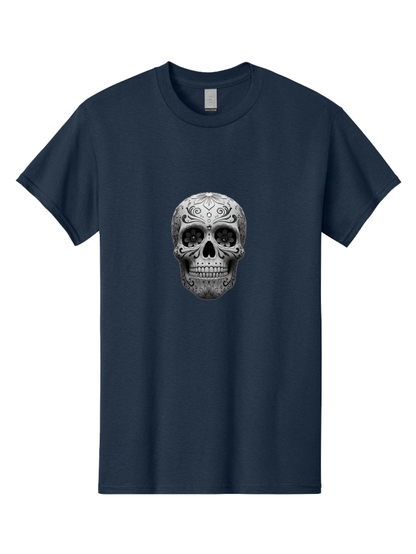 Sugar-Skull-15 Men'S Graphic Tee, 100% Cotton, Comfortable Casual Summer Wear, Machine Washable, Detailed Skull, Floral Patterns, Black And White Design, Sugar Skull Art, Day Of Dead, Mexican Culture, Intricate Designs, Gothic Style, Bad764
