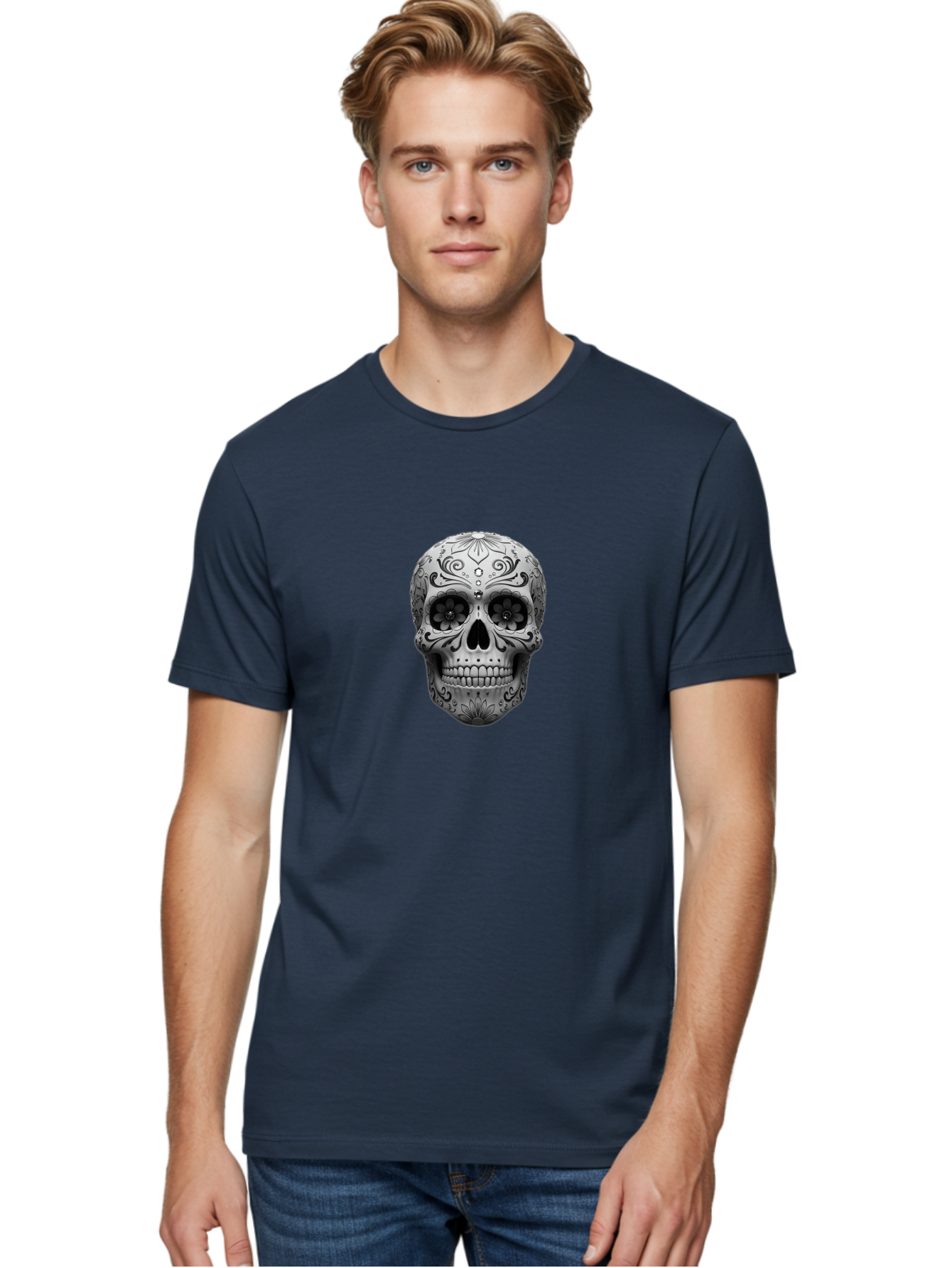 Sugar-Skull-15 Men'S Graphic Tee, 100% Cotton, Comfortable Casual Summer Wear, Machine Washable, Detailed Skull, Floral Patterns, Black And White Design, Sugar Skull Art, Day Of Dead, Mexican Culture, Intricate Designs, Gothic Style, Bad764