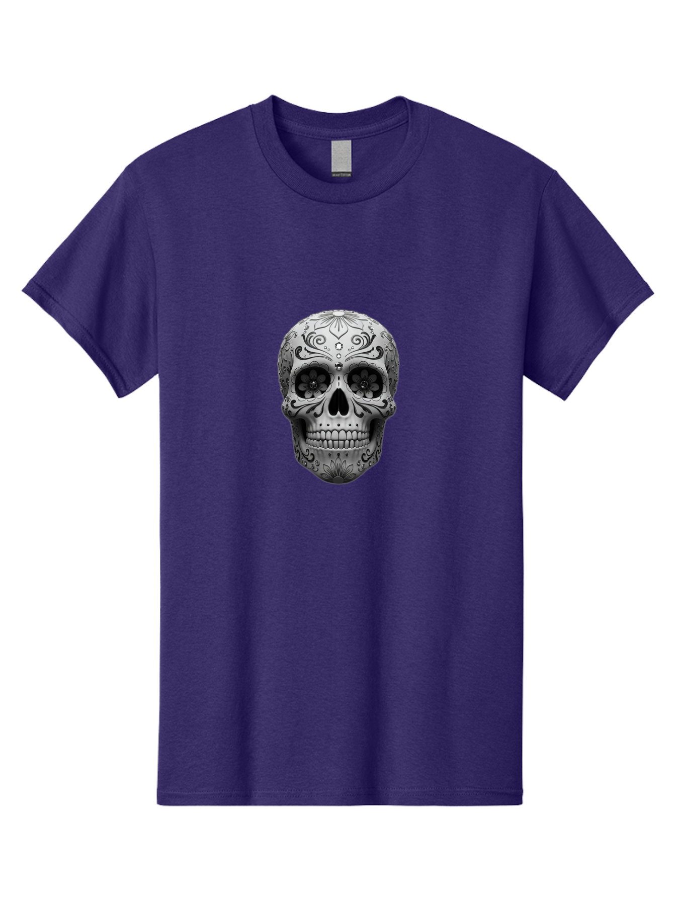 Sugar-Skull-15 Men'S Graphic Tee, 100% Cotton, Comfortable Casual Summer Wear, Machine Washable, Detailed Skull, Floral Patterns, Black And White Design, Sugar Skull Art, Day Of Dead, Mexican Culture, Intricate Designs, Gothic Style, Bad764