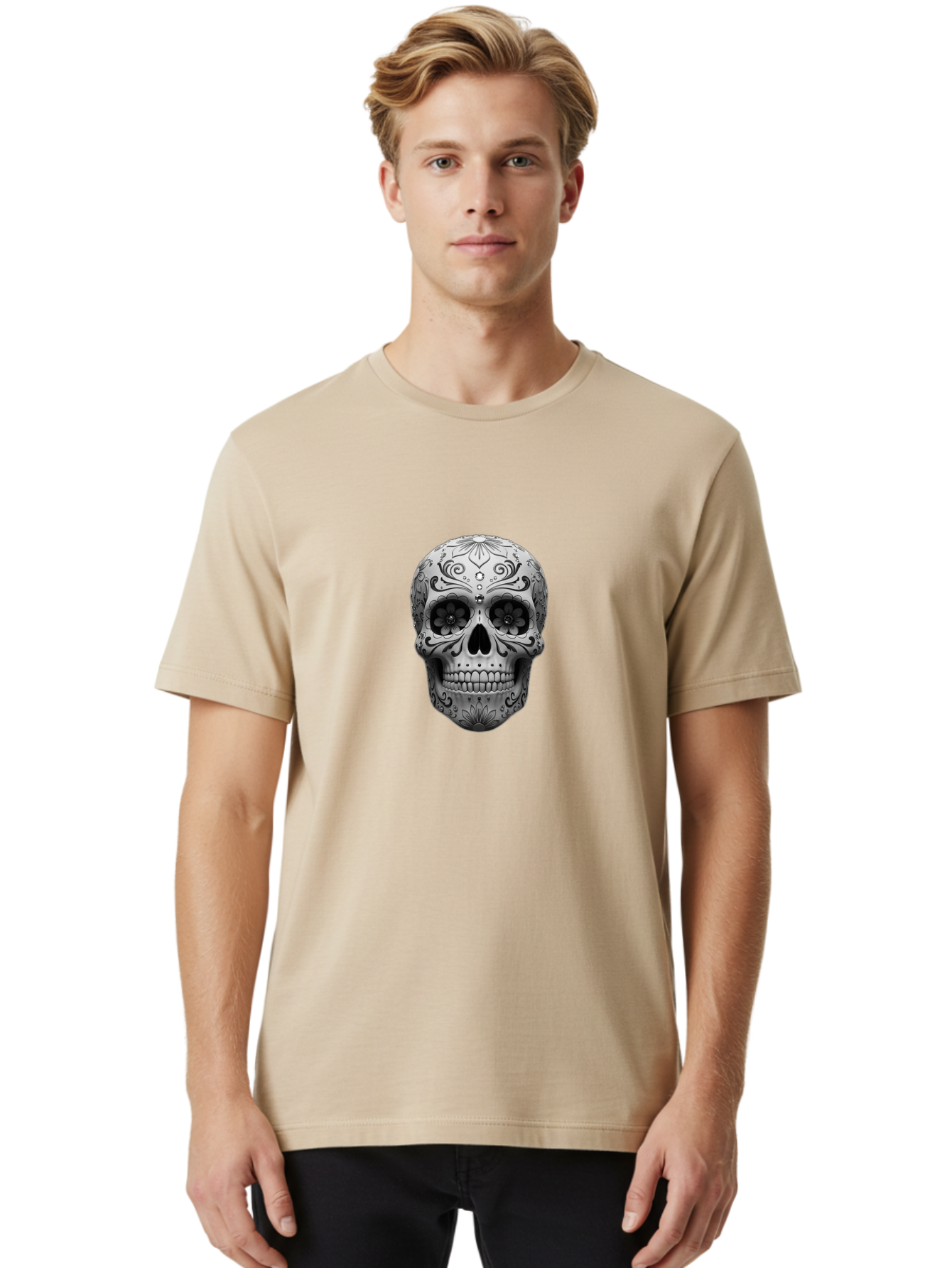 Sugar-Skull-15 Men'S Graphic Tee, 100% Cotton, Comfortable Casual Summer Wear, Machine Washable, Detailed Skull, Floral Patterns, Black And White Design, Sugar Skull Art, Day Of Dead, Mexican Culture, Intricate Designs, Gothic Style, Bad764