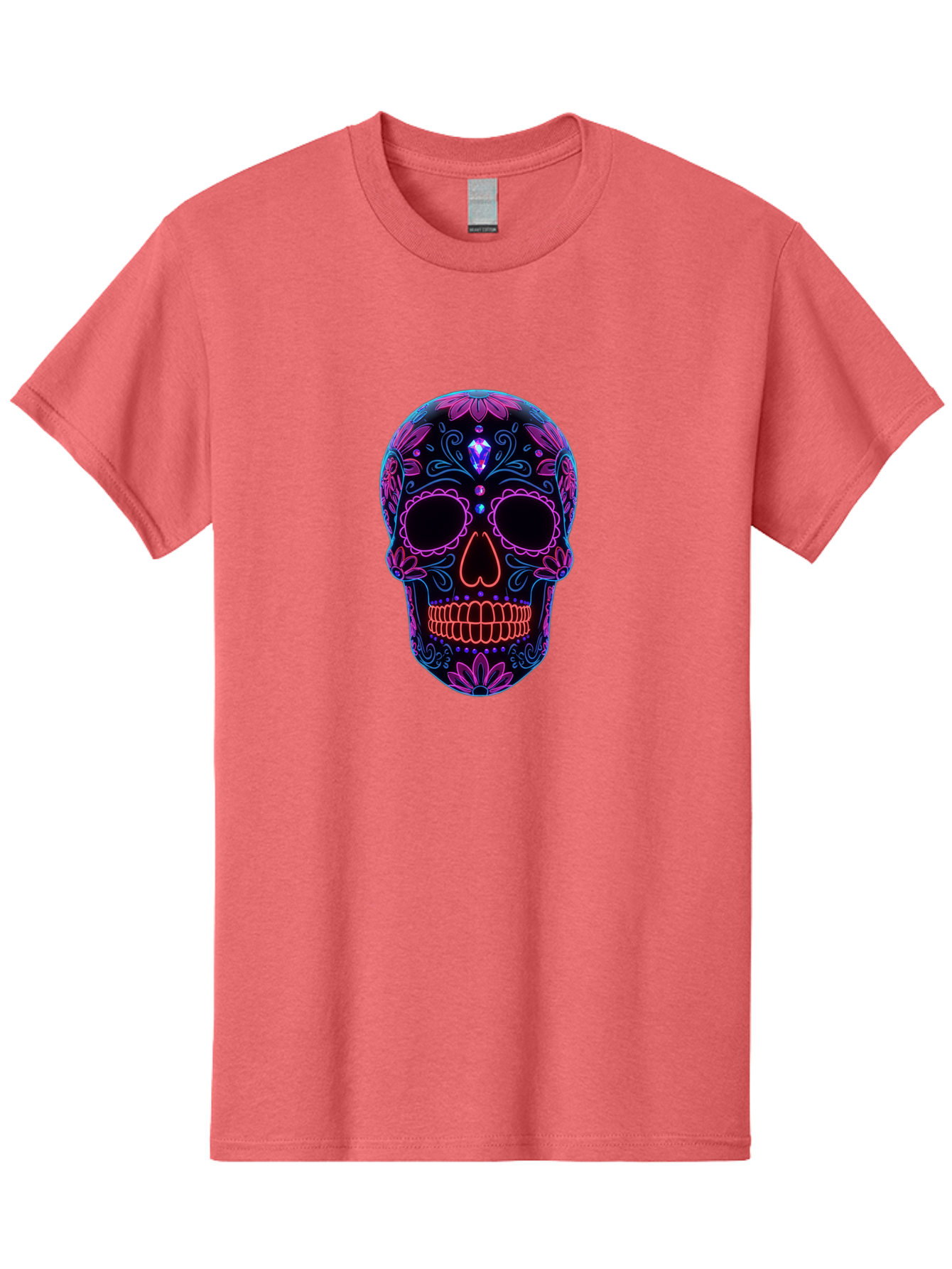 Sugar-Skull-16 Men'S Graphic Tee, 100% Cotton, Comfortable Casual Summer Wear, Machine Washable, Sugar Skull Design, Day Of The Dead, Neon Lights, Floral Patterns, Vibrant Colors, Mexican Culture, Gothic Style, Gemstone Decoration, Bad765