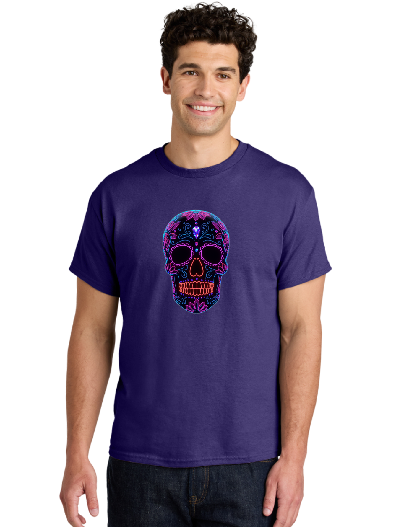 Sugar-Skull-16 Men'S Graphic Tee, 100% Cotton, Comfortable Casual Summer Wear, Machine Washable, Sugar Skull Design, Day Of The Dead, Neon Lights, Floral Patterns, Vibrant Colors, Mexican Culture, Gothic Style, Gemstone Decoration, Bad765
