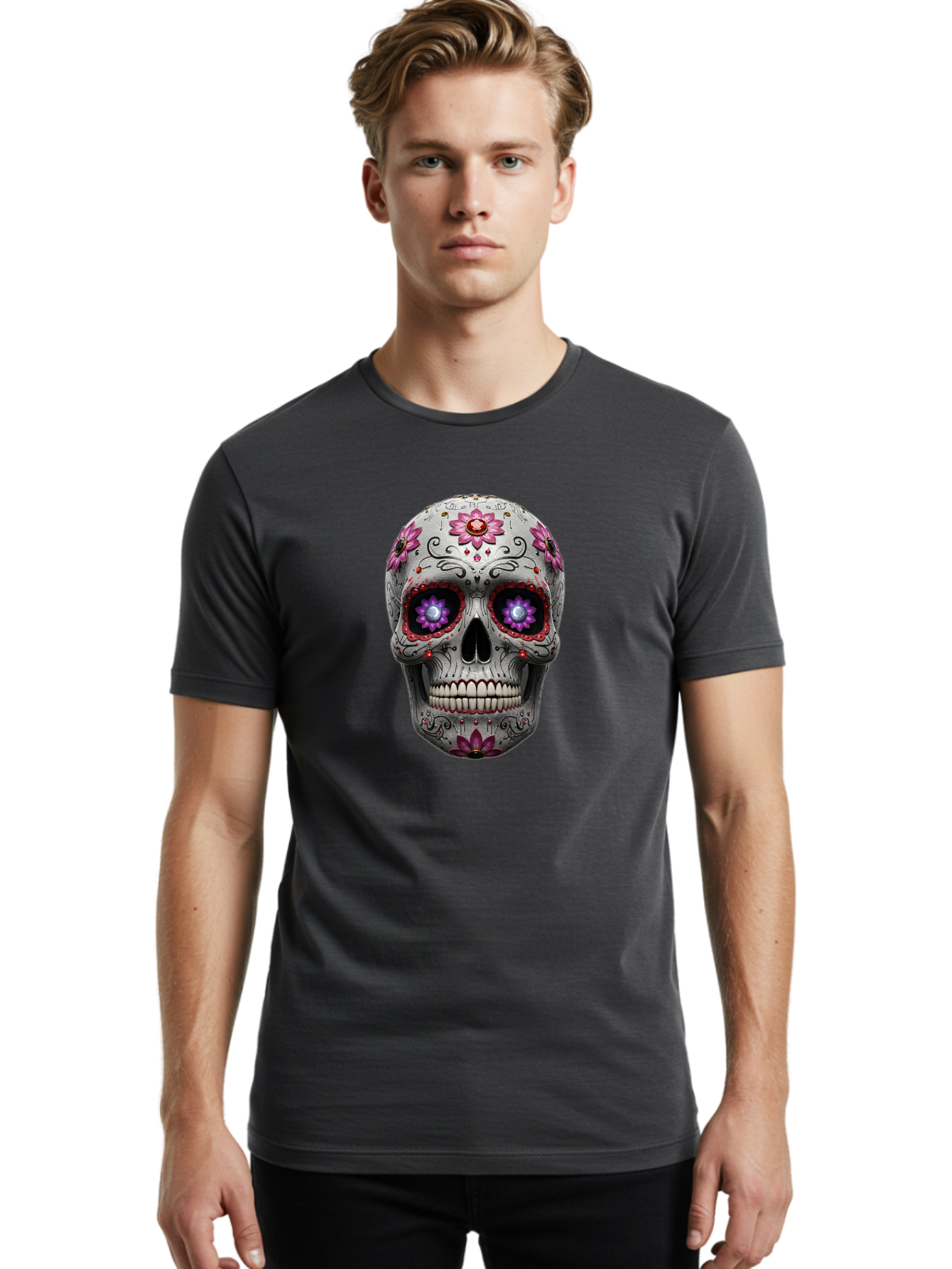Sugar-Skull-17 Men'S Graphic Tee, 100% Cotton, Comfortable Casual Summer Wear, Machine Washable, Sugar Skull, Day Of The Dead, Skull Art, Floral Designs, Vibrant Colors, Intricate Patterns, Gothic Style, Mystical Symbols, Jewelry Designs, Bad766