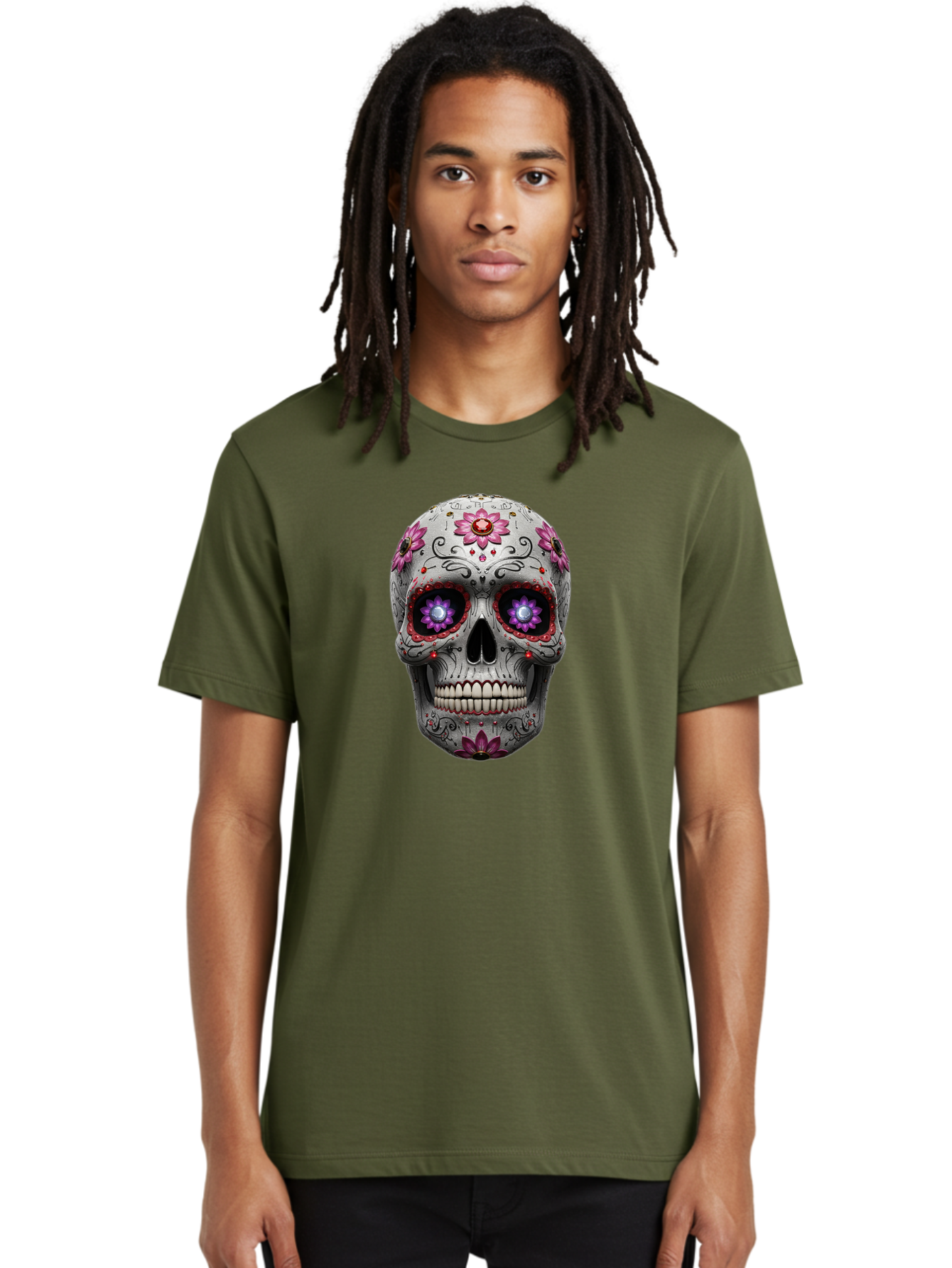 Sugar-Skull-17 Men'S Graphic Tee, 100% Cotton, Comfortable Casual Summer Wear, Machine Washable, Sugar Skull, Day Of The Dead, Skull Art, Floral Designs, Vibrant Colors, Intricate Patterns, Gothic Style, Mystical Symbols, Jewelry Designs, Bad766