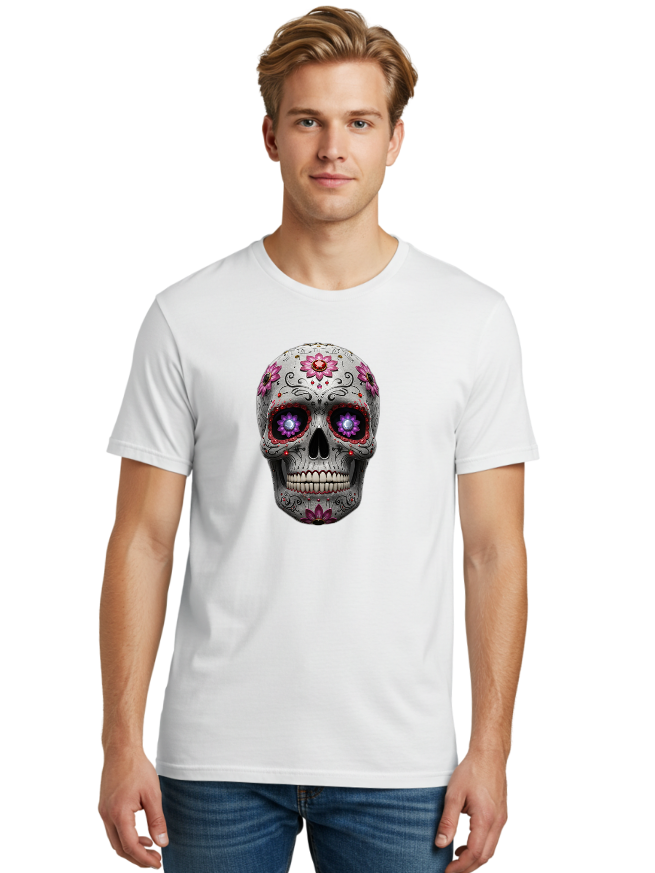 Sugar-Skull-17 Men'S Graphic Tee, 100% Cotton, Comfortable Casual Summer Wear, Machine Washable, Sugar Skull, Day Of The Dead, Skull Art, Floral Designs, Vibrant Colors, Intricate Patterns, Gothic Style, Mystical Symbols, Jewelry Designs, Bad766