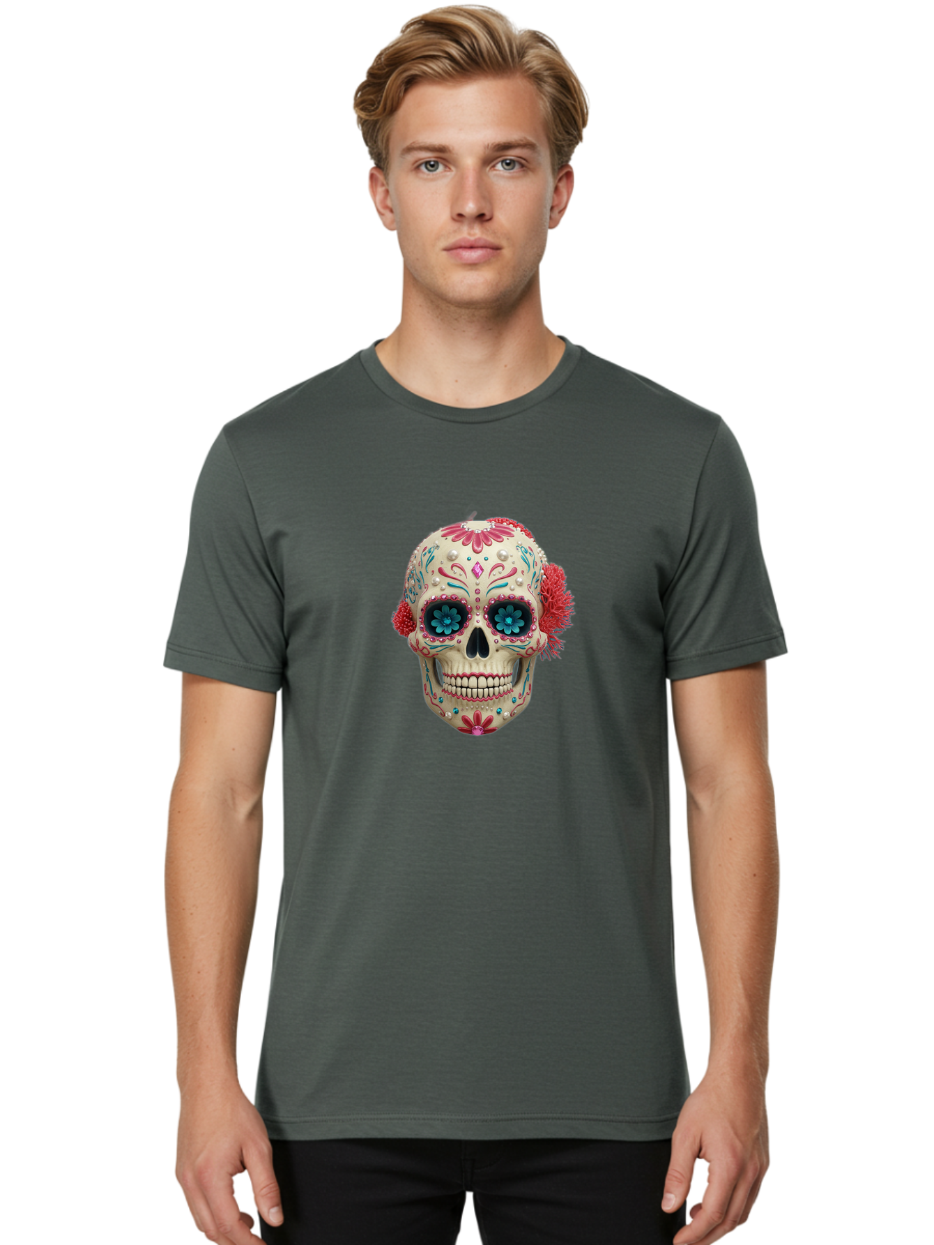 Sugar-Skull-18 Men'S Graphic Tee, 100% Cotton, Comfortable Casual Summer Wear, Machine Washable, Sugar Skull, Dia De Los Muertos, Vibrant Flowers, Colorful Decorations, Festive Atmosphere, Mexican Culture, Ornate Design, Floral Patterns, Bad767